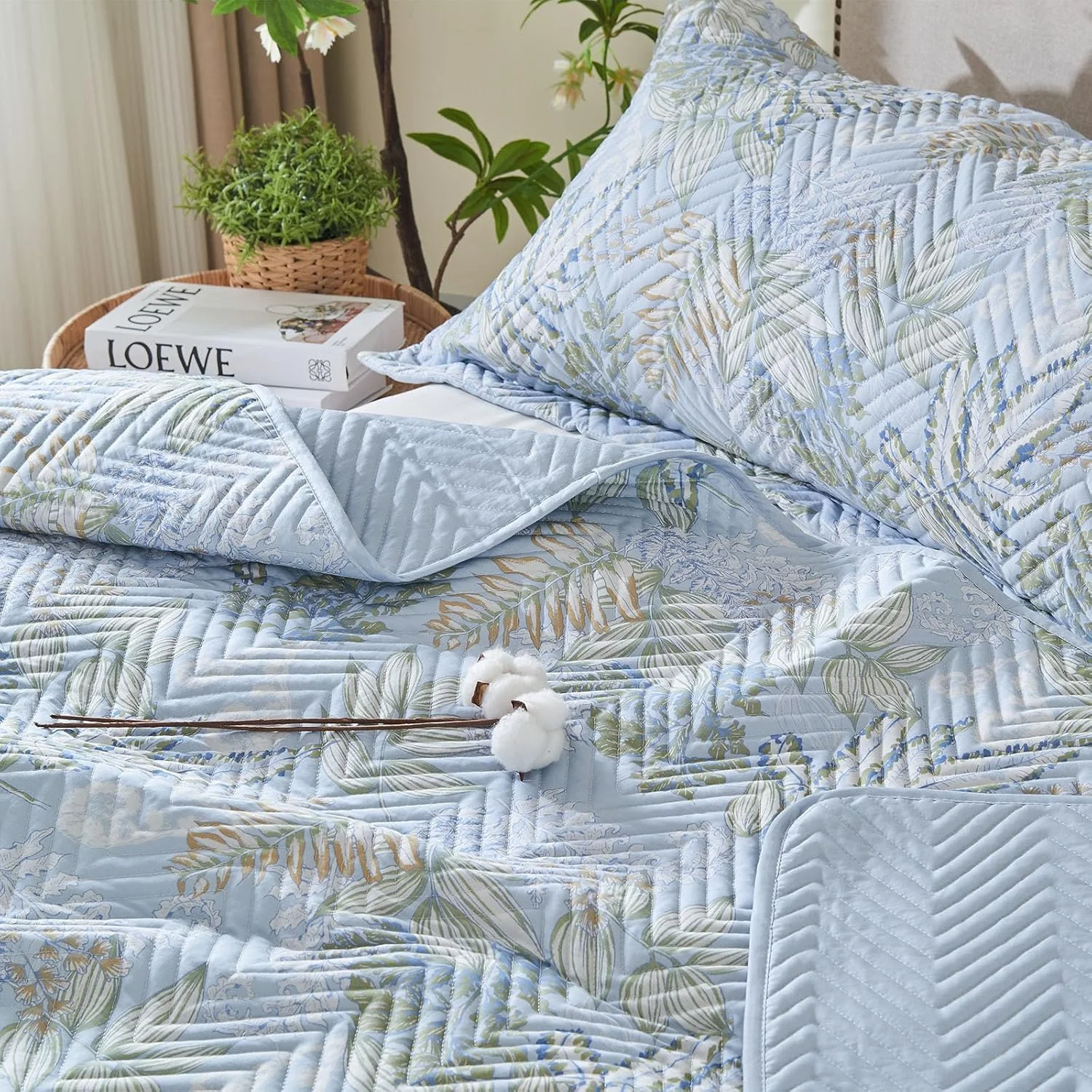 ست لحاف پنبه ارگانیک 100% طرح گلدار لوکس Kingrest، سایز یک نفره، رو تختی بزرگ، ست روتختی لحافی، به همراه 2 روبالشی ست، مناسب تمام فصول - برگ های آبی
