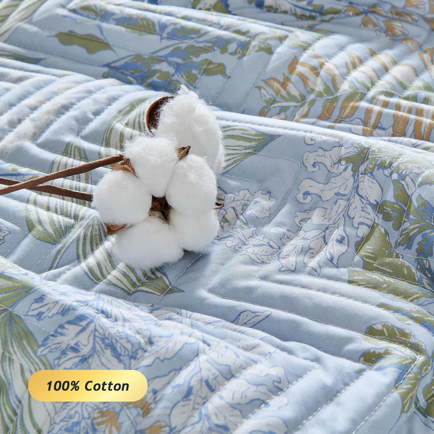 ست لحاف پنبه ارگانیک 100% طرح گلدار لوکس Kingrest، سایز یک نفره، رو تختی بزرگ، ست روتختی لحافی، به همراه 2 روبالشی ست، مناسب تمام فصول - برگ های آبی