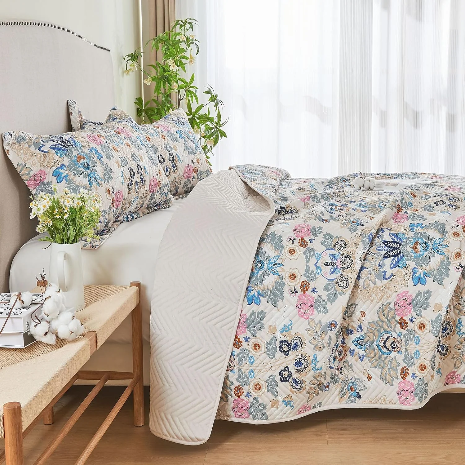 ست لحاف پنبه ارگانیک 100% طرح گلدار لوکس Kingrest سایز کینگ، رو تختی بزرگ و لحاف دار، به همراه 2 روبالشتی ست، مناسب برای تمام فصول - طرح گلدار کلاسیک