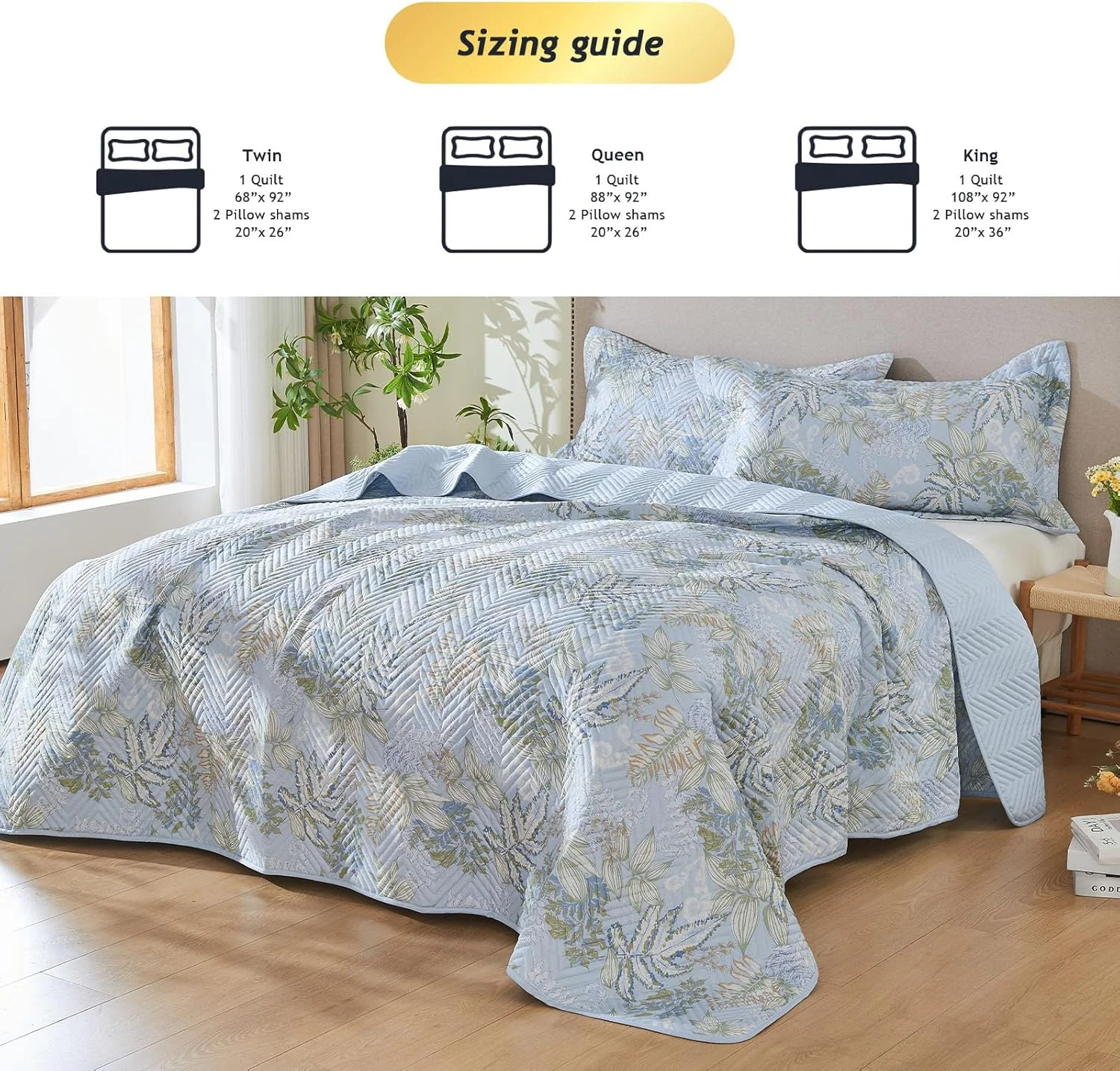 ست لحاف پنبه ارگانیک 100% طرح گلدار لوکس Kingrest، سایز یک نفره، رو تختی بزرگ، ست روتختی لحافی، به همراه 2 روبالشی ست، مناسب تمام فصول - برگ های آبی