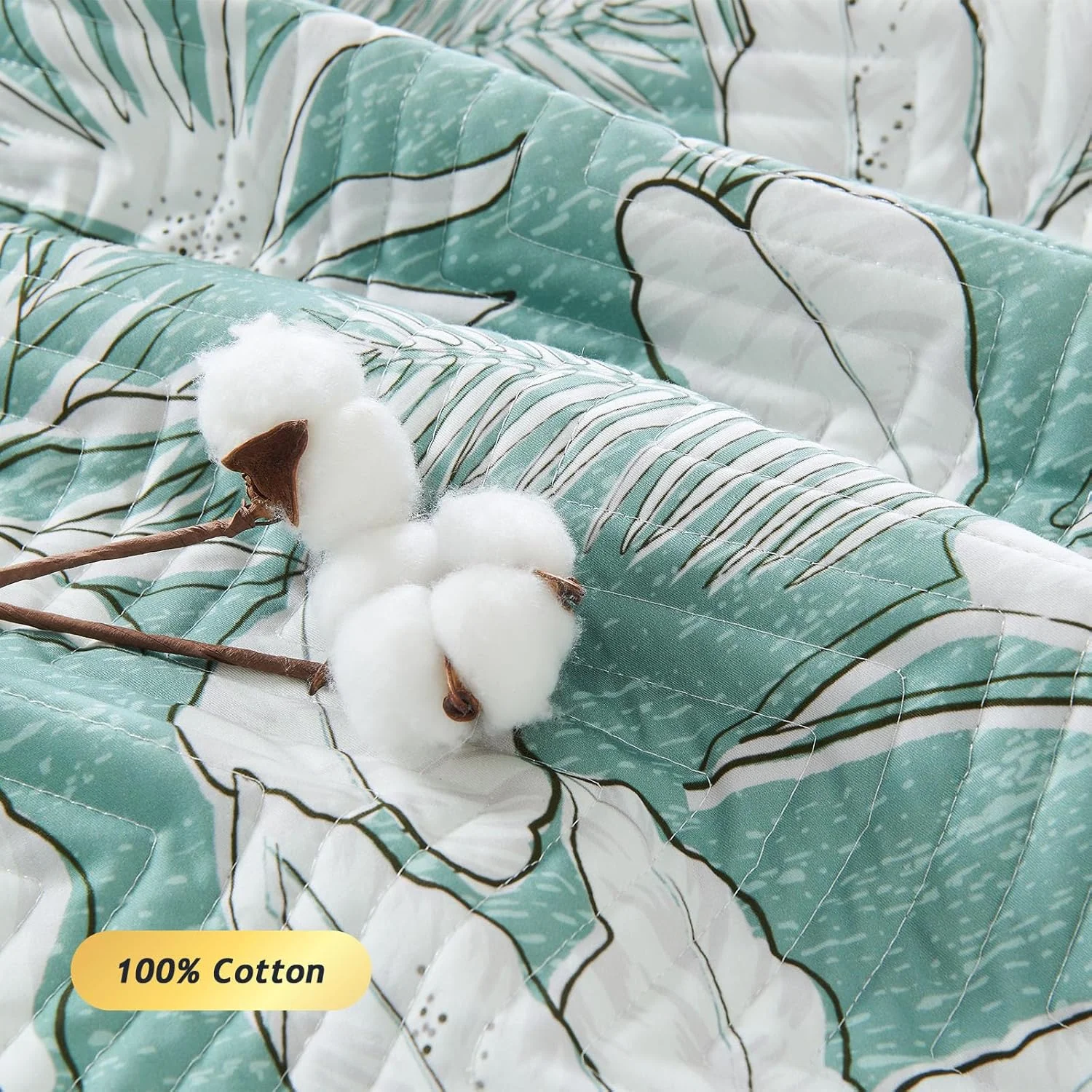 ست لحاف پنبه ارگانیک 100% با طرح گلدار لوکس Kingrest، سایز یک نفره، رو تختی بزرگ و لحافی، به همراه 2 روبالشتی هماهنگ، مناسب برای تمام فصول - برگ های سبز