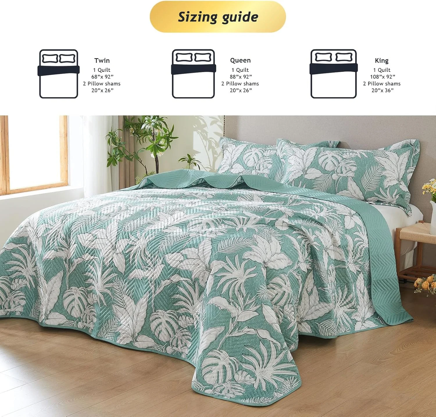 ست لحاف پنبه ارگانیک 100% با طرح گلدار لوکس Kingrest، سایز یک نفره، رو تختی بزرگ و لحافی، به همراه 2 روبالشتی هماهنگ، مناسب برای تمام فصول - برگ های سبز