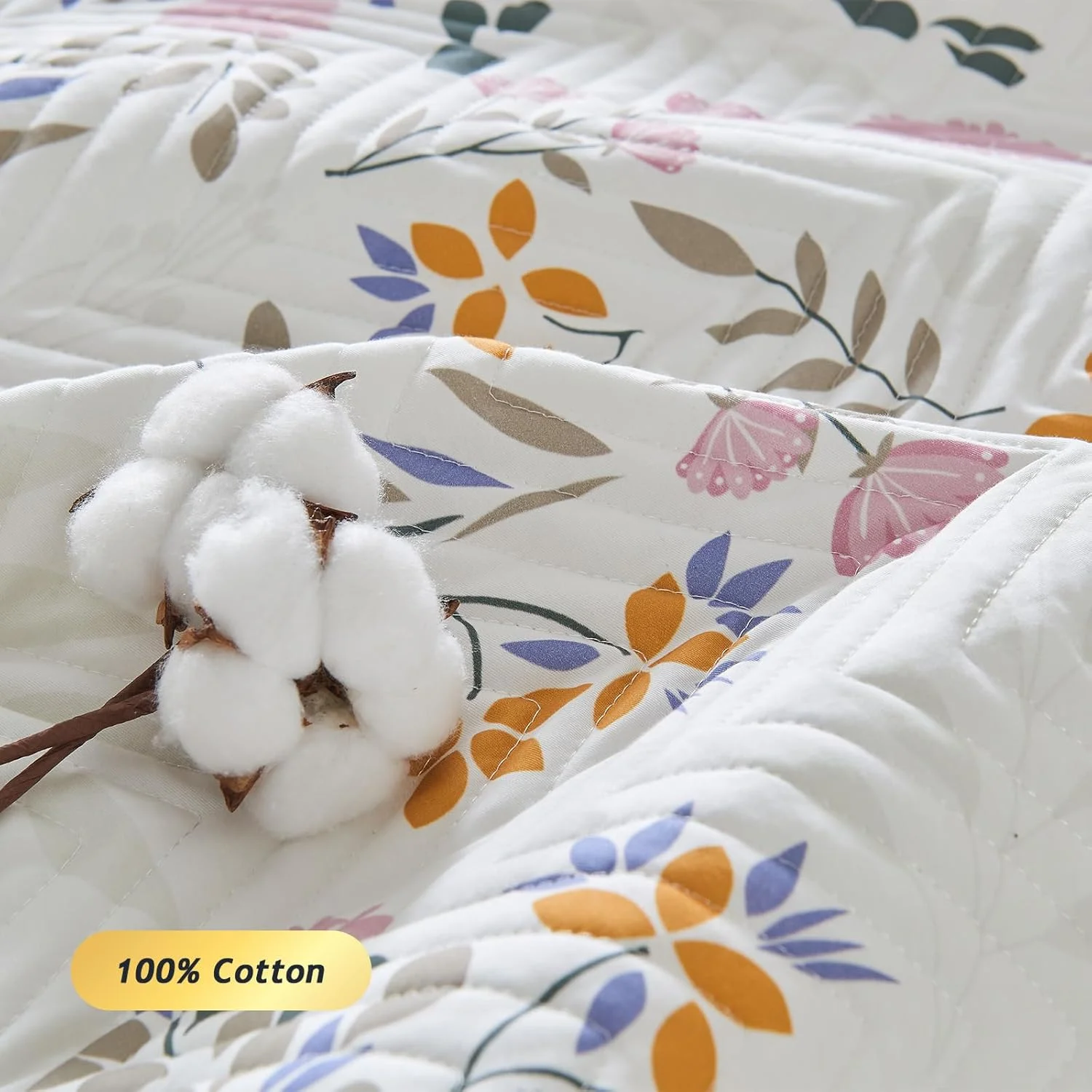 ست لحاف پنبه ارگانیک 100% با طرح گل لوکس Kingrest، سایز کینگ، رو تختی بزرگ و لحاف دوزی شده، به همراه 2 روبالشی ست، مناسب برای تمام فصول - طرح گل صورتی