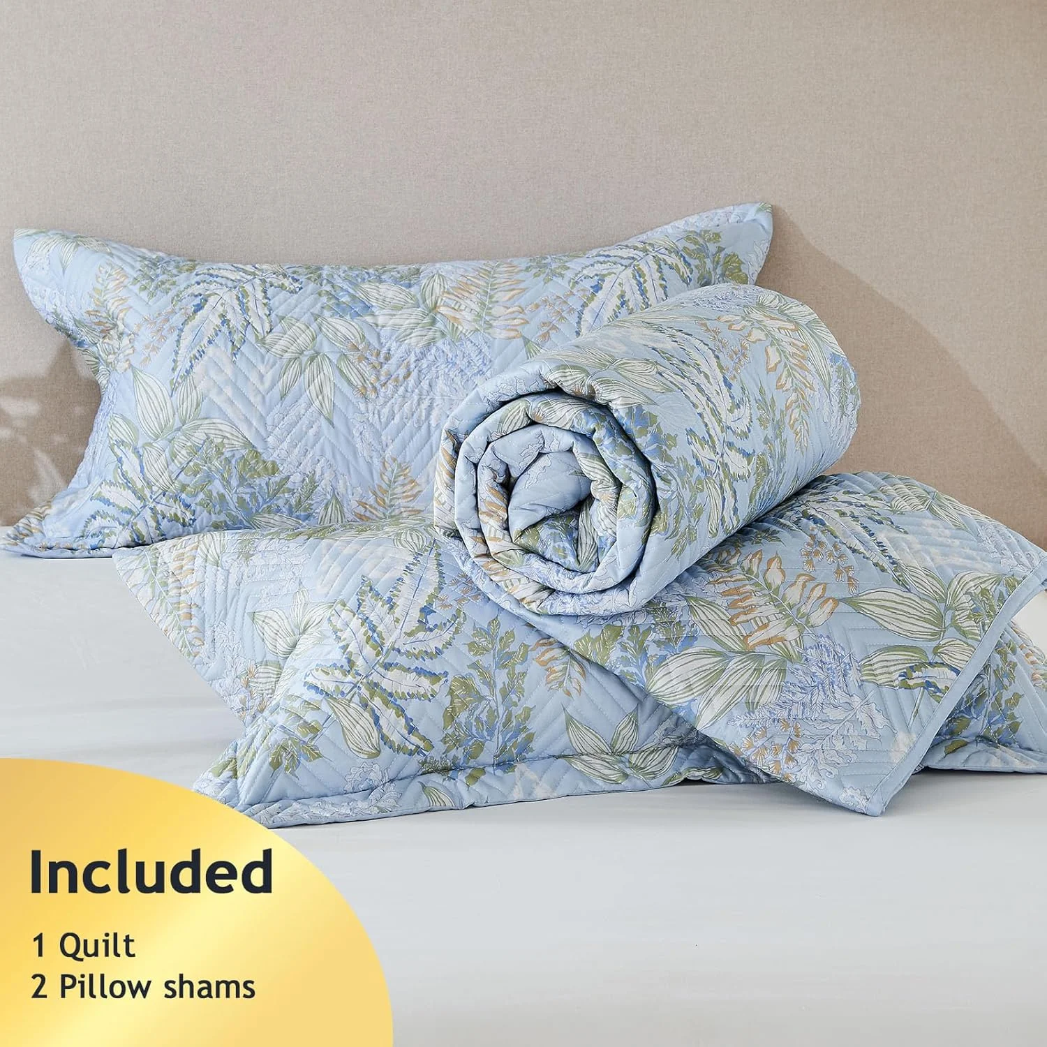 ست لحاف پنبه ارگانیک 100% طرح گلدار لوکس Kingrest، سایز یک نفره، رو تختی بزرگ، ست روتختی لحافی، به همراه 2 روبالشی ست، مناسب تمام فصول - برگ های آبی