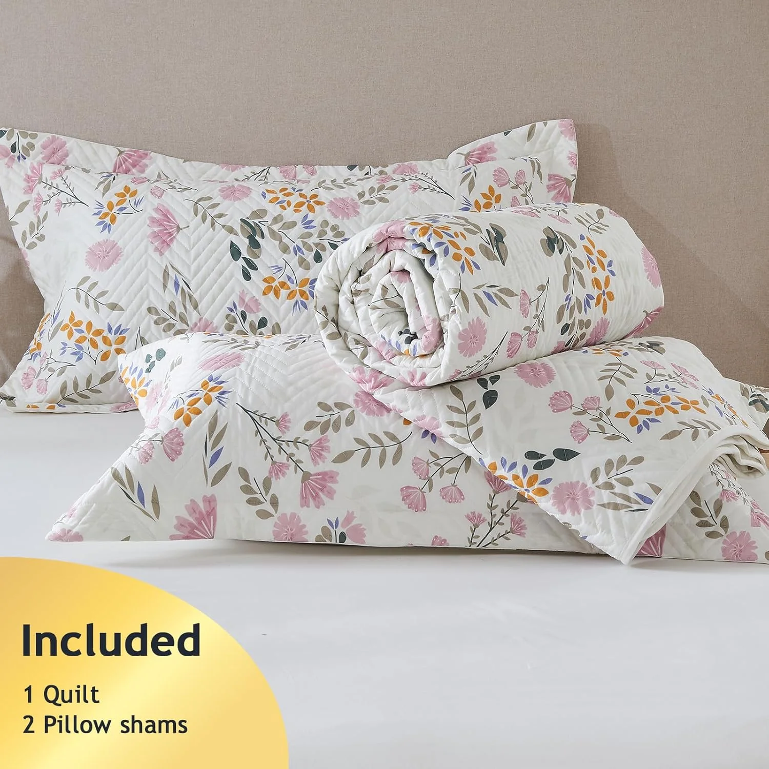 ست لحاف پنبه ارگانیک 100% با طرح گل لوکس Kingrest، سایز کینگ، رو تختی بزرگ و لحاف دوزی شده، به همراه 2 روبالشی ست، مناسب برای تمام فصول - طرح گل صورتی