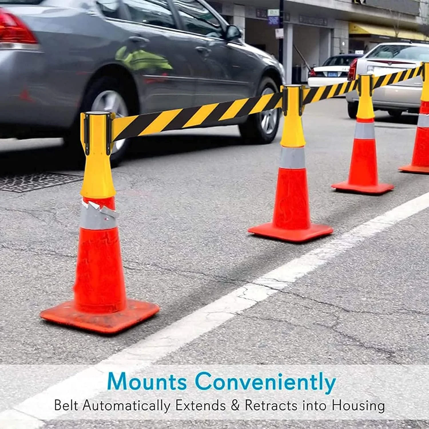 کمربند عایق تلسکوپی BZZBZZ، مانع کمربند جمع شونده 3 متری، میله اتصال مخروطی جاده خودرو 5 عددی، نوار مانع هشدار خطر مخروط ترافیکی جمع شونده اضطراری