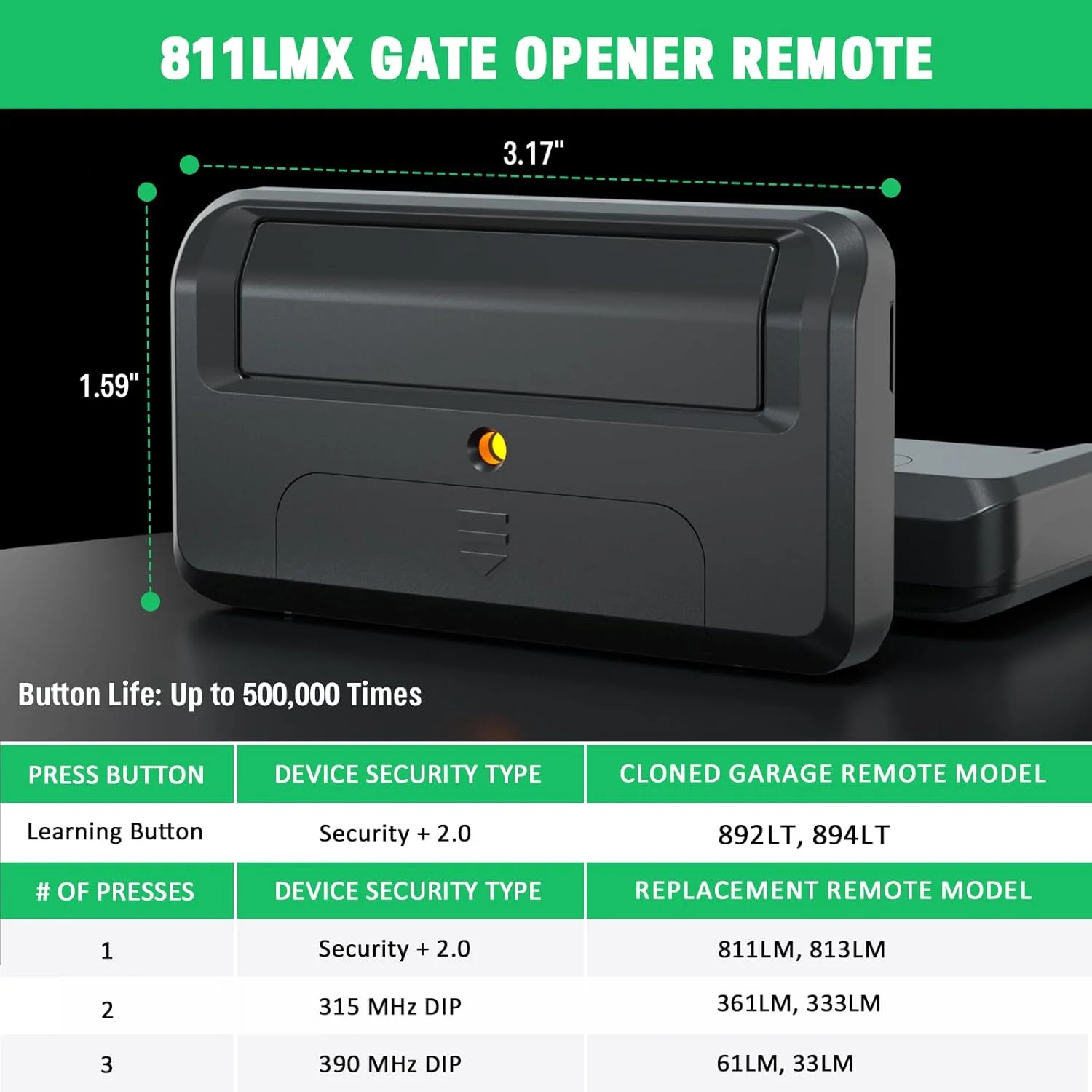 ریموت جایگزین درب بازکن گیت 811LMX برای کنترل از راه دور Liftmaster 811LMX/811LM، برای گیرنده Liftmaster 850LM/860LM/Star1000، درب بازکن گیت تجاری، Security+ 2.0، 12 دیپ سوئیچ، 8 عددی