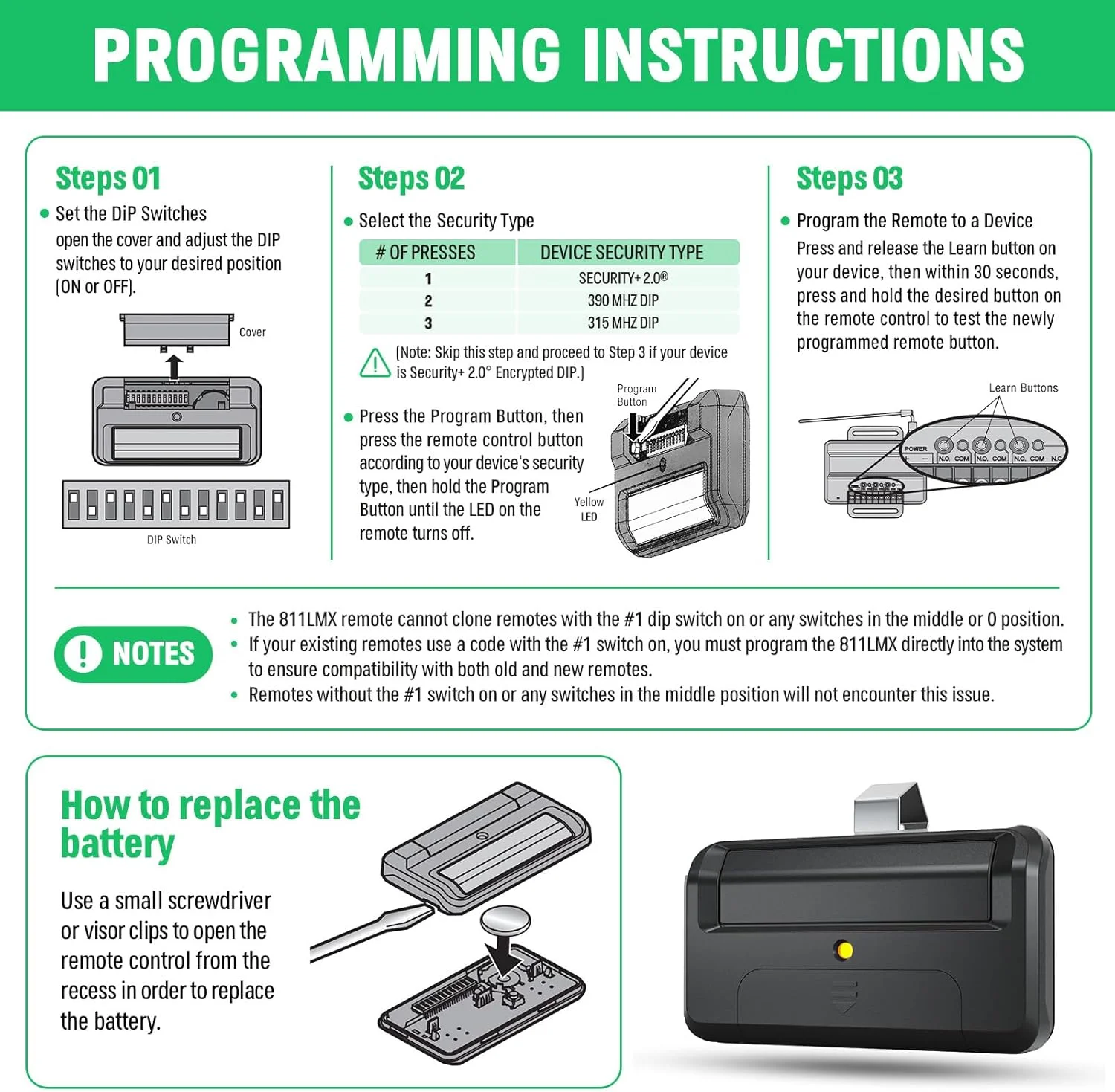 ریموت جایگزین درب بازکن گیت 811LMX برای کنترل از راه دور Liftmaster 811LMX/811LM، برای گیرنده Liftmaster 850LM/860LM/Star1000، درب بازکن گیت تجاری، Security+ 2.0، 12 دیپ سوئیچ، 8 عددی