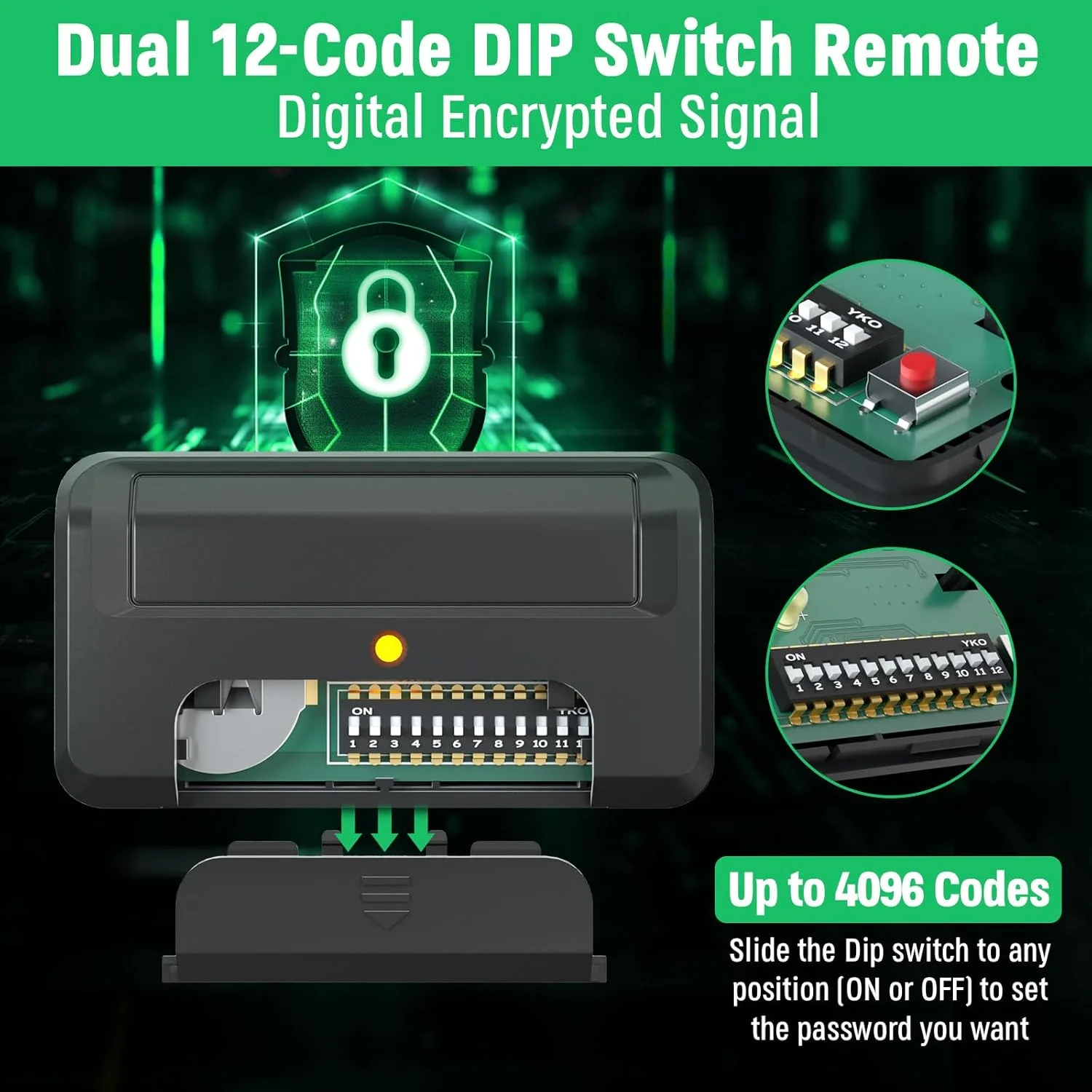 ریموت جایگزین درب بازکن گیت 811LMX برای کنترل از راه دور Liftmaster 811LMX/811LM، برای گیرنده Liftmaster 850LM/860LM/Star1000، درب بازکن گیت تجاری، Security+ 2.0، 12 دیپ سوئیچ، 8 عددی