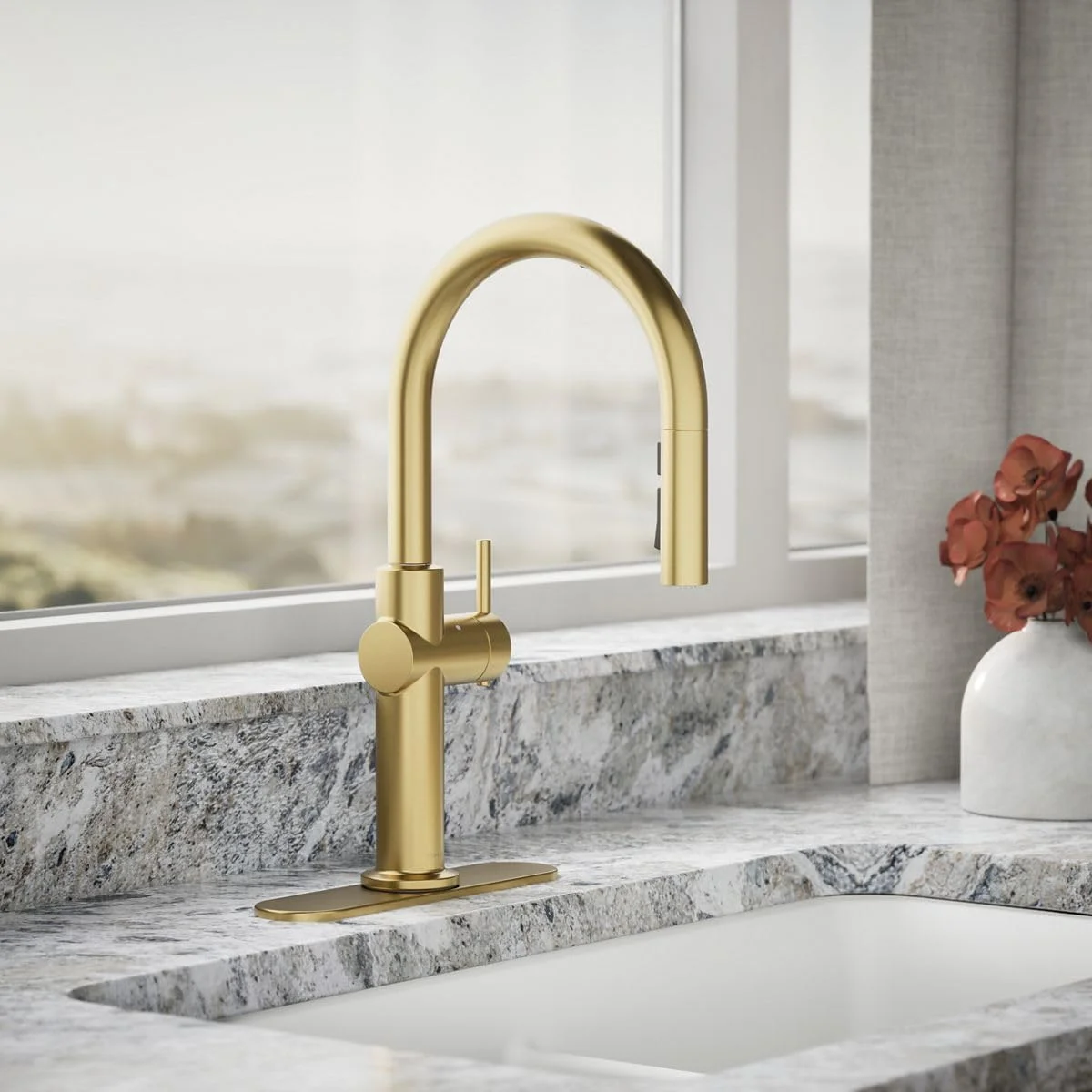 شیر آشپزخانه بدون لمس KOHLER 22974-2MB Crue با اسپری کشویی، شیر آشپزخانه کشویی با فعال سازی بدون لمس، شیر سنسور حرکتی، شیر بدون دست، برنجی مدرن برس خورده پر جنب و جوش