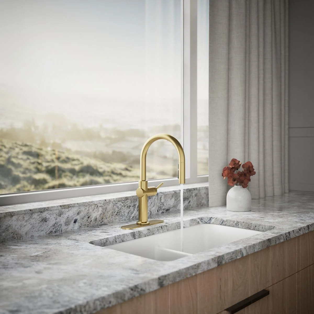شیر آشپزخانه بدون لمس KOHLER 22974-2MB Crue با اسپری کشویی، شیر آشپزخانه کشویی با فعال سازی بدون لمس، شیر سنسور حرکتی، شیر بدون دست، برنجی مدرن برس خورده پر جنب و جوش