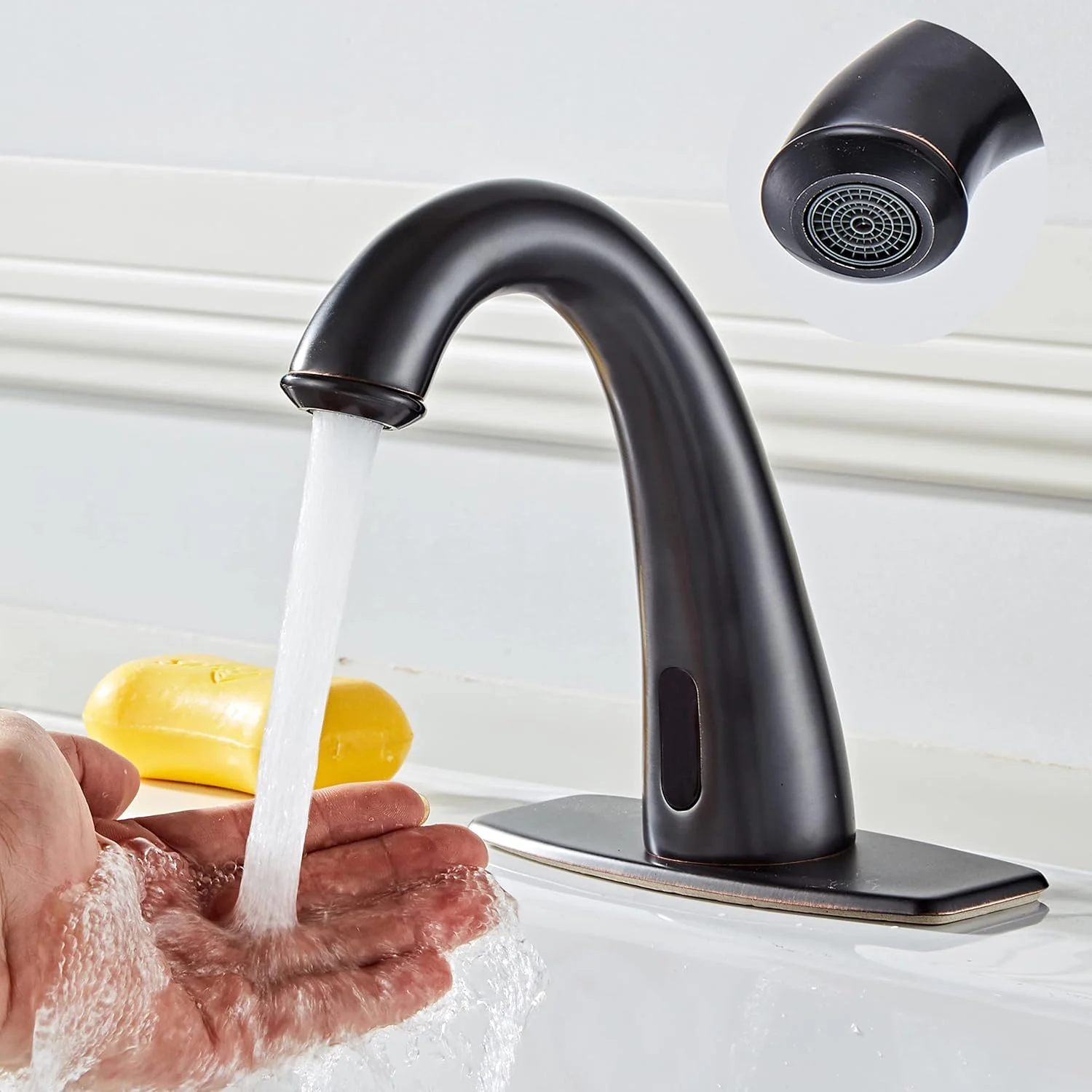 HHOOMMEE Touchless Bathroom Faucet Matte Black Finishing Automatic Sensor Motion Basin Mixer Tap with Deck Plate HHOOMMEE Touchless Bathroom Faucet Matte Black Finishing Automatic Sensor Motion Basin Mixer Tap with Deck Plate
