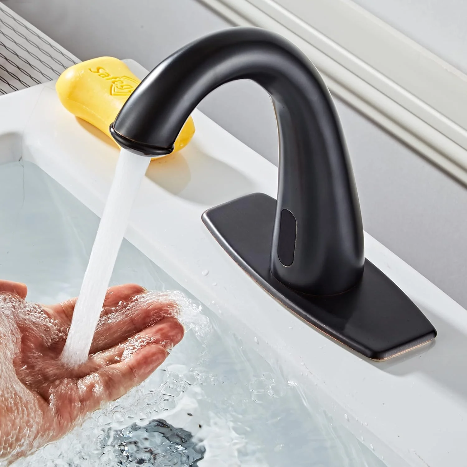 HHOOMMEE Touchless Bathroom Faucet Matte Black Finishing Automatic Sensor Motion Basin Mixer Tap with Deck Plate HHOOMMEE Touchless Bathroom Faucet Matte Black Finishing Automatic Sensor Motion Basin Mixer Tap with Deck Plate