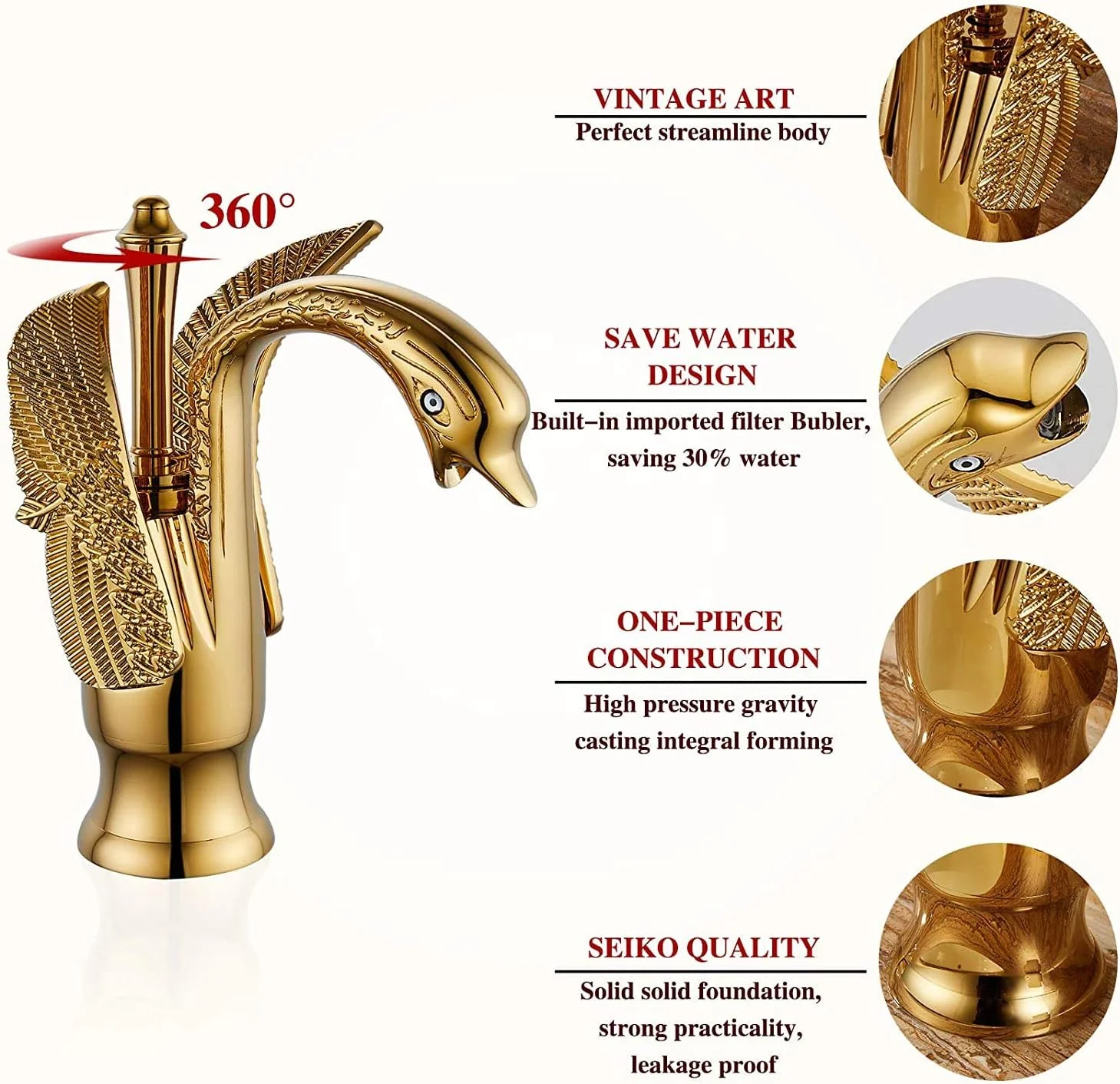 شیر روشویی طلایی قو تک دستگیره آبشاری YCCUZA، شیر مخلوط حوضچه، شیر روشویی حمام، شیر حوضچه نصب شده روی عرشه