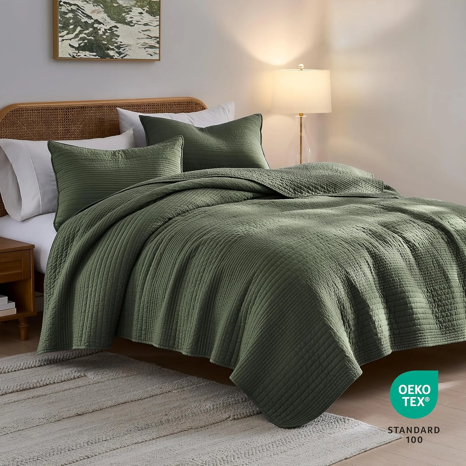 ست روتختی کینگ سایز پالاسیو راه راه زیتونی سبز 100% پنبه، لحاف سبک وزن با بافت چین دار و دوخت کانالی، روتختی نرم و شیک مناسب خانه های روستایی و تمام فصول، 2 عدد روبالشتی