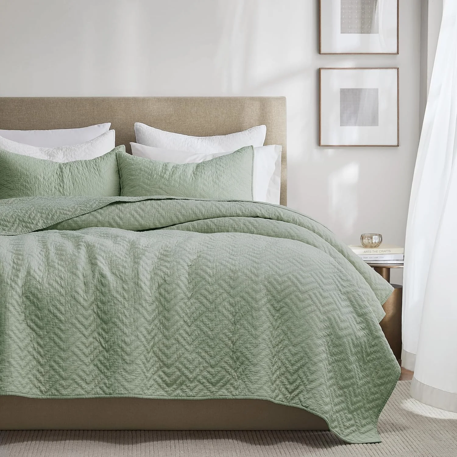 palassio Sage Green 100% Cotton Quilt California Cal King Size Bedding Sets with 2 Pillow Shams, Oversized Lightweight Textured Farmhouse Bedspread Soft Shabby Chic Coverlet for All Season, 3 Pieces