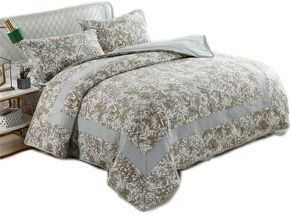 ست روتختی بزرگ طرح گلدار قدیمی، تکه دوزی شده، لحاف پنبه دوزی شده با روبالشتی، ملحفه میکروفایبر مناسب تمام فصول، سایز 230×250 سانتی متر، صورتی 3 تکه (خاکستری 4 تکه) (Gra