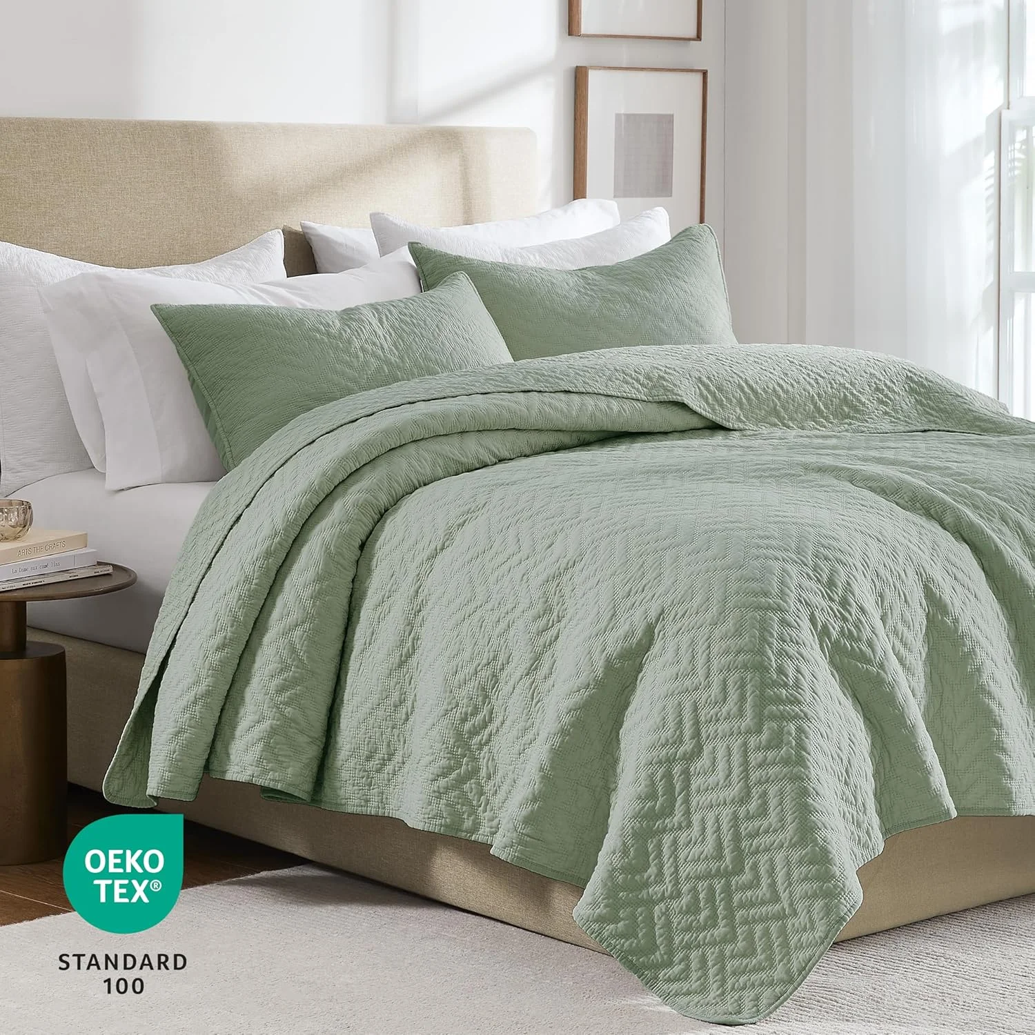 palassio Sage Green 100% Cotton Quilt California Cal King Size Bedding Sets with 2 Pillow Shams, Oversized Lightweight Textured Farmhouse Bedspread Soft Shabby Chic Coverlet for All Season, 3 Pieces