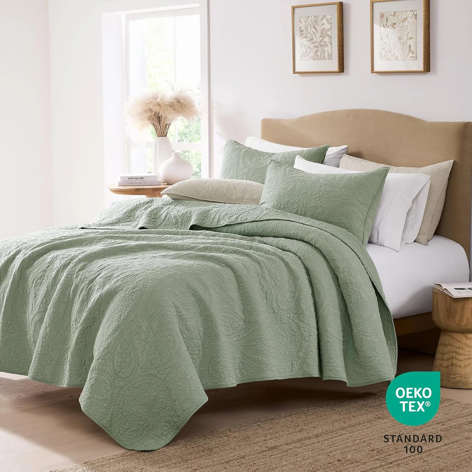 ست روتختی کالیفرنیا کینگ سایز پالاسیو با طرح بته جقه سبز مریم گلی، 100% پنبه، شامل لحاف و 2 روبالشی، طرح بوهو، مناسب خانه های روستایی، روتختی نرم و قدیمی، مناسب تمام فصول، 3 تکه