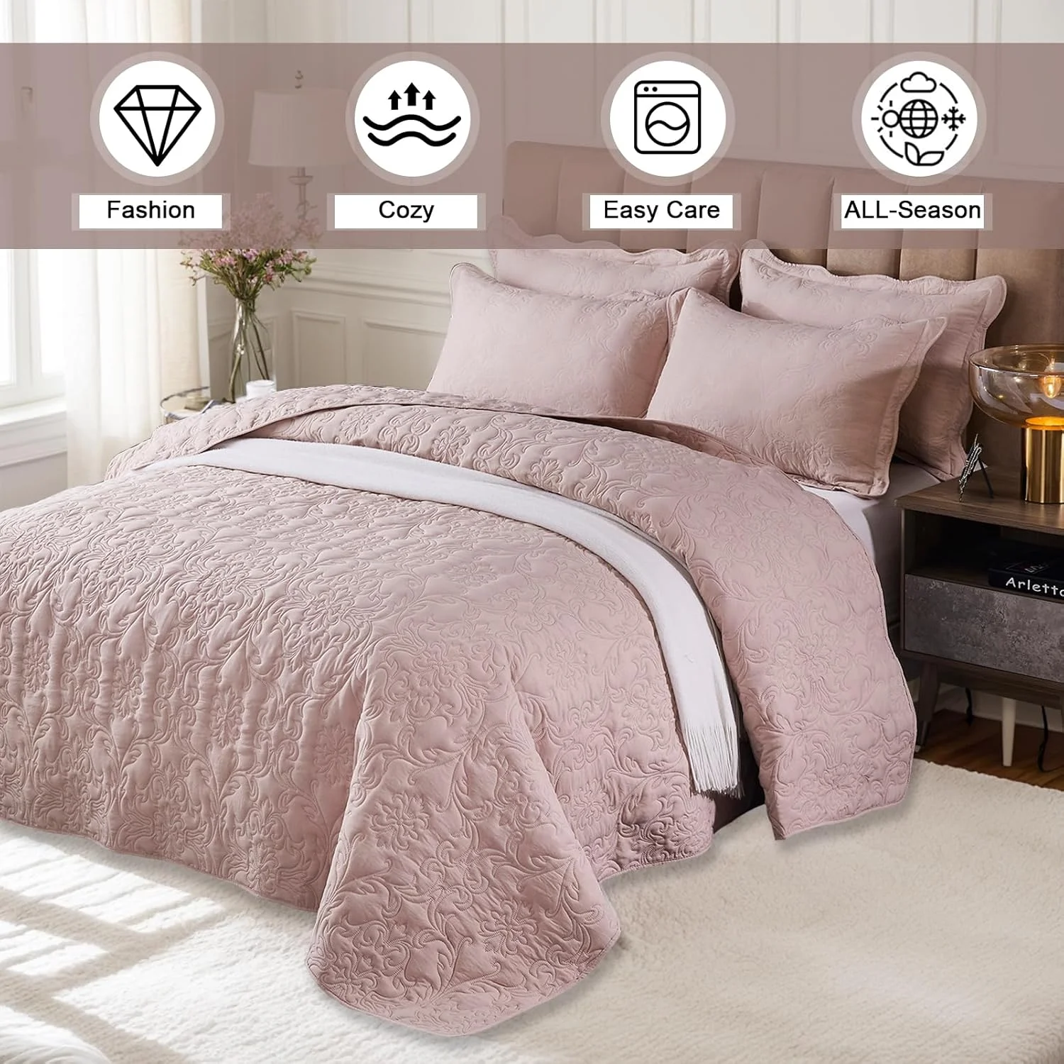 ست لحاف سه تکه OKYUK سایز کوئین، روتختی لحافی، ست رو تختی میکروفایبر سبک وزن بزرگ با روبالشی، روتختی چاپی دو رو، مناسب برای تمام فصول، 220x240 سانتی متر (شن و ماسه لوبیا روشن، 220*240 سانتی متر)