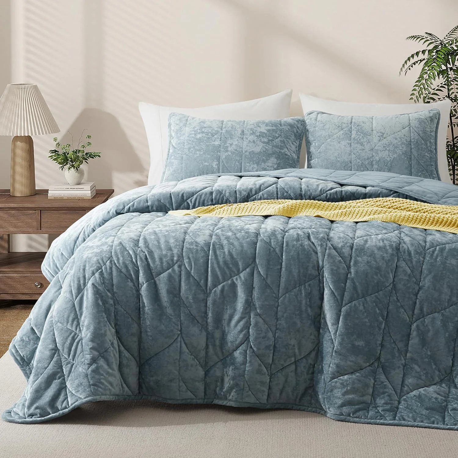 ست لحاف مخملی سایز کینگ Oli Anderson - رو تختی سبک - ست لحاف مخملی نرم - ست روتختی دو رو و لحافی برای تمام فصول - آبی خاکستری - 3 تکه (1 لحاف، 2 روبالشی)