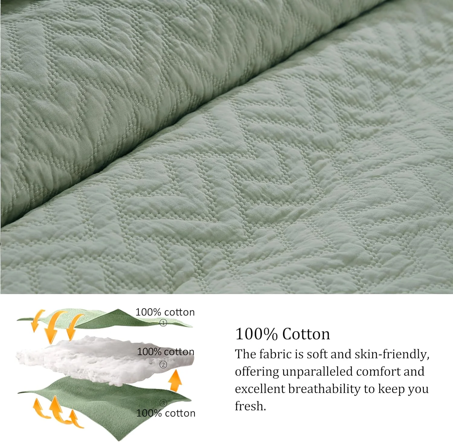 palassio Sage Green 100% Cotton Quilt California Cal King Size Bedding Sets with 2 Pillow Shams, Oversized Lightweight Textured Farmhouse Bedspread Soft Shabby Chic Coverlet for All Season, 3 Pieces