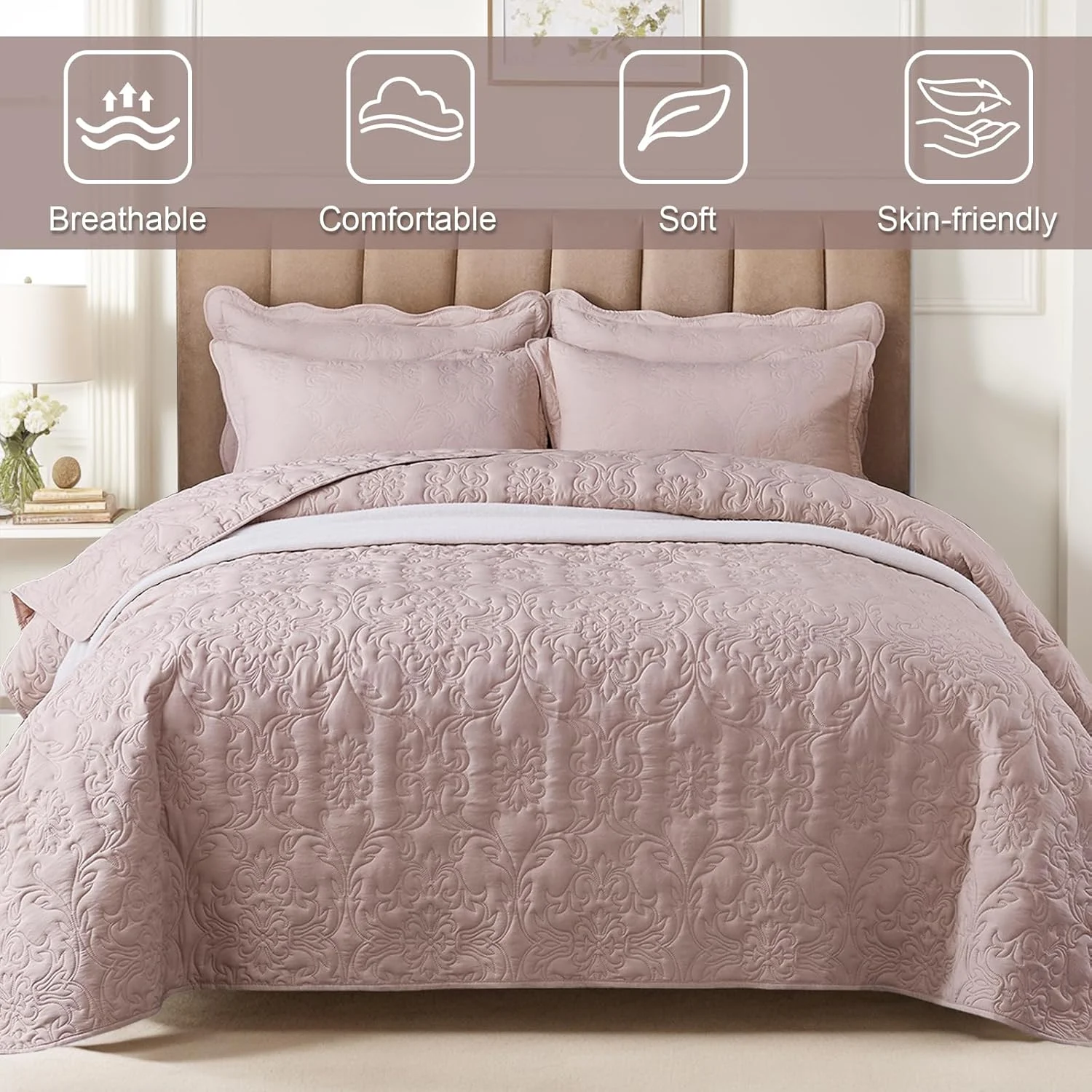 ست لحاف سه تکه OKYUK سایز کوئین، روتختی لحافی، ست رو تختی میکروفایبر سبک وزن بزرگ با روبالشی، روتختی چاپی دو رو، مناسب برای تمام فصول، 220x240 سانتی متر (شن و ماسه لوبیا روشن، 220*240 سانتی متر)