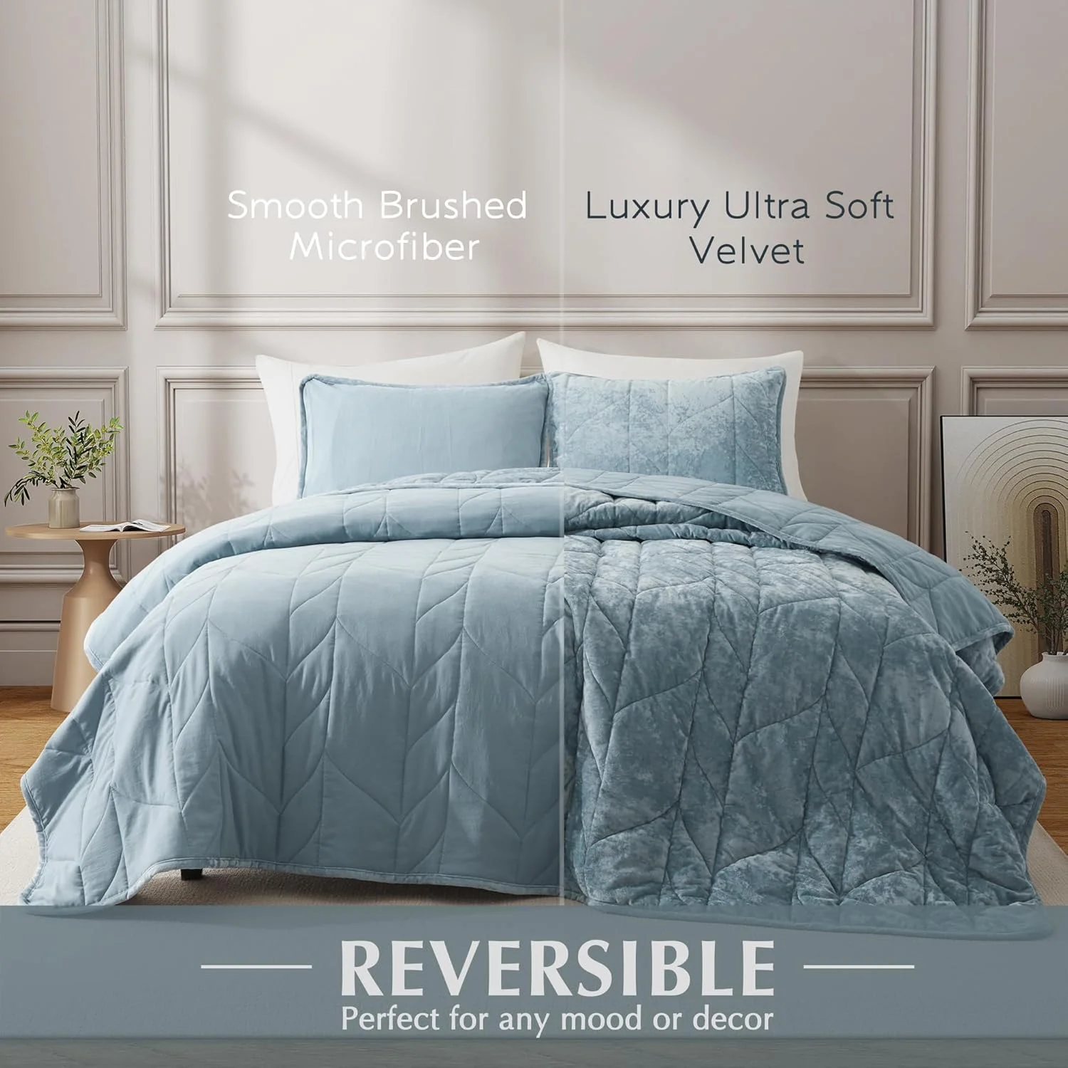 ست لحاف مخملی سایز کینگ Oli Anderson - رو تختی سبک - ست لحاف مخملی نرم - ست روتختی دو رو و لحافی برای تمام فصول - آبی خاکستری - 3 تکه (1 لحاف، 2 روبالشی)