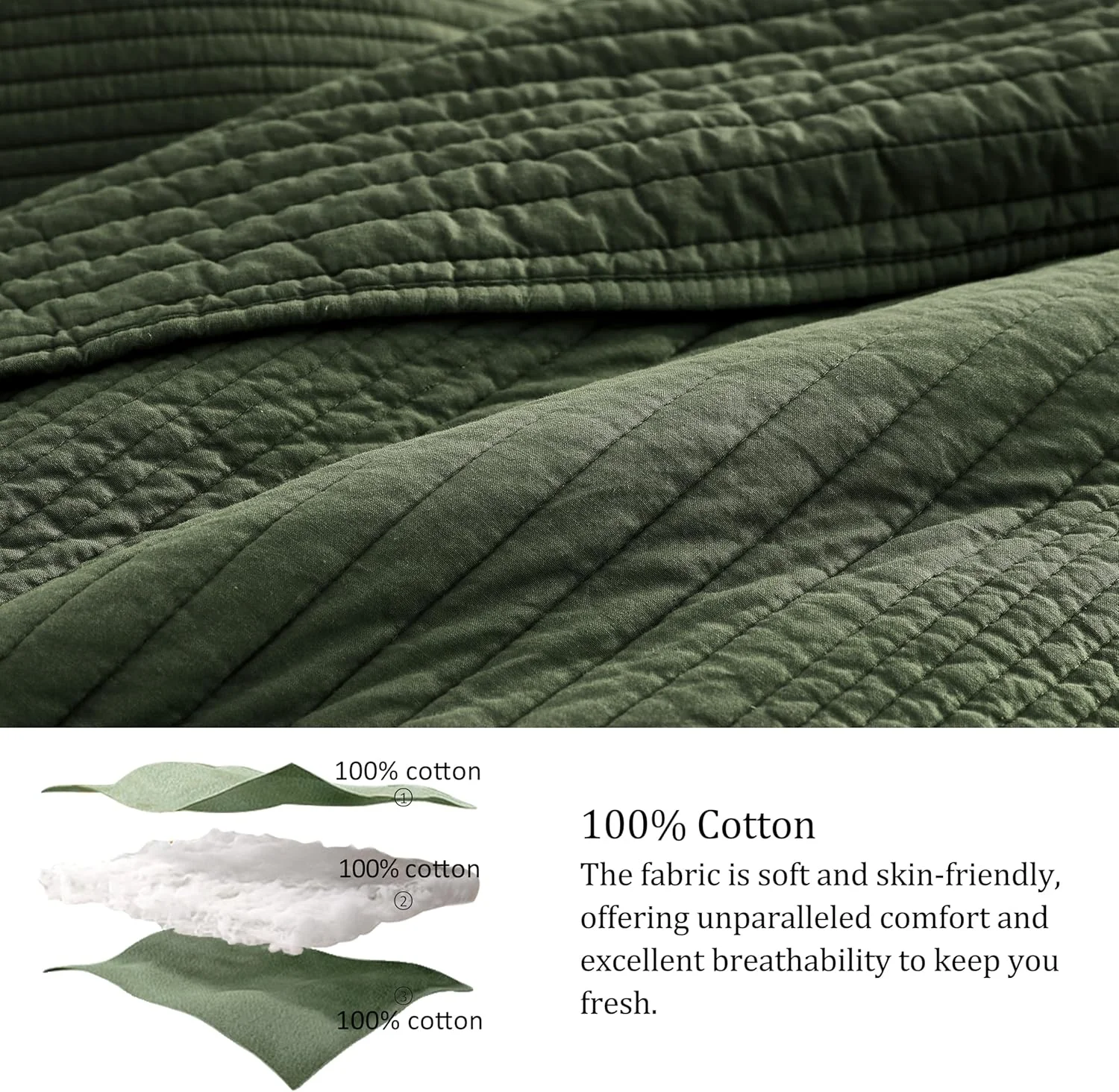 ست روتختی کینگ سایز پالاسیو راه راه زیتونی سبز 100% پنبه، لحاف سبک وزن با بافت چین دار و دوخت کانالی، روتختی نرم و شیک مناسب خانه های روستایی و تمام فصول، 2 عدد روبالشتی
