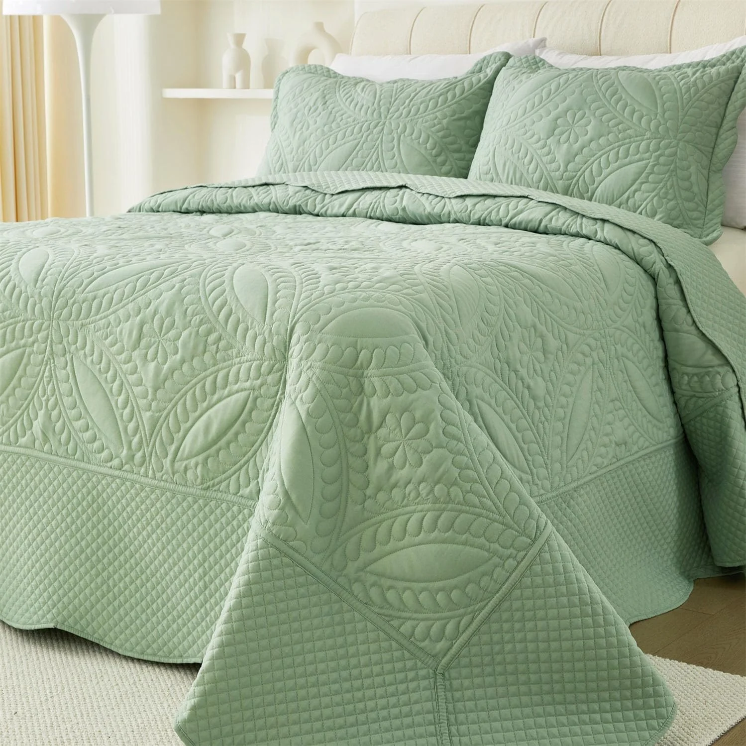 روتختی کینگ سایز بزرگ 290x260 سانتی متر، ست لحاف کالیفرنیا کینگ 3 تکه، ست لحاف تخت خواب سبک وزن سبز رنگ مناسب تمام فصول، ست روتختی لحاف طرح هندسی مدرن