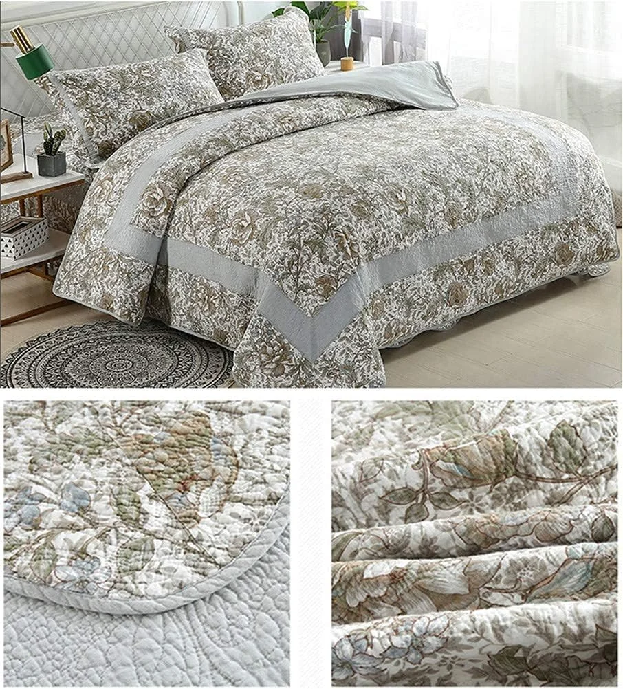 ست روتختی بزرگ طرح گلدار قدیمی، تکه دوزی شده، لحاف پنبه دوزی شده با روبالشتی، ملحفه میکروفایبر مناسب تمام فصول، سایز 230×250 سانتی متر، صورتی 3 تکه (خاکستری 4 تکه) (Gra