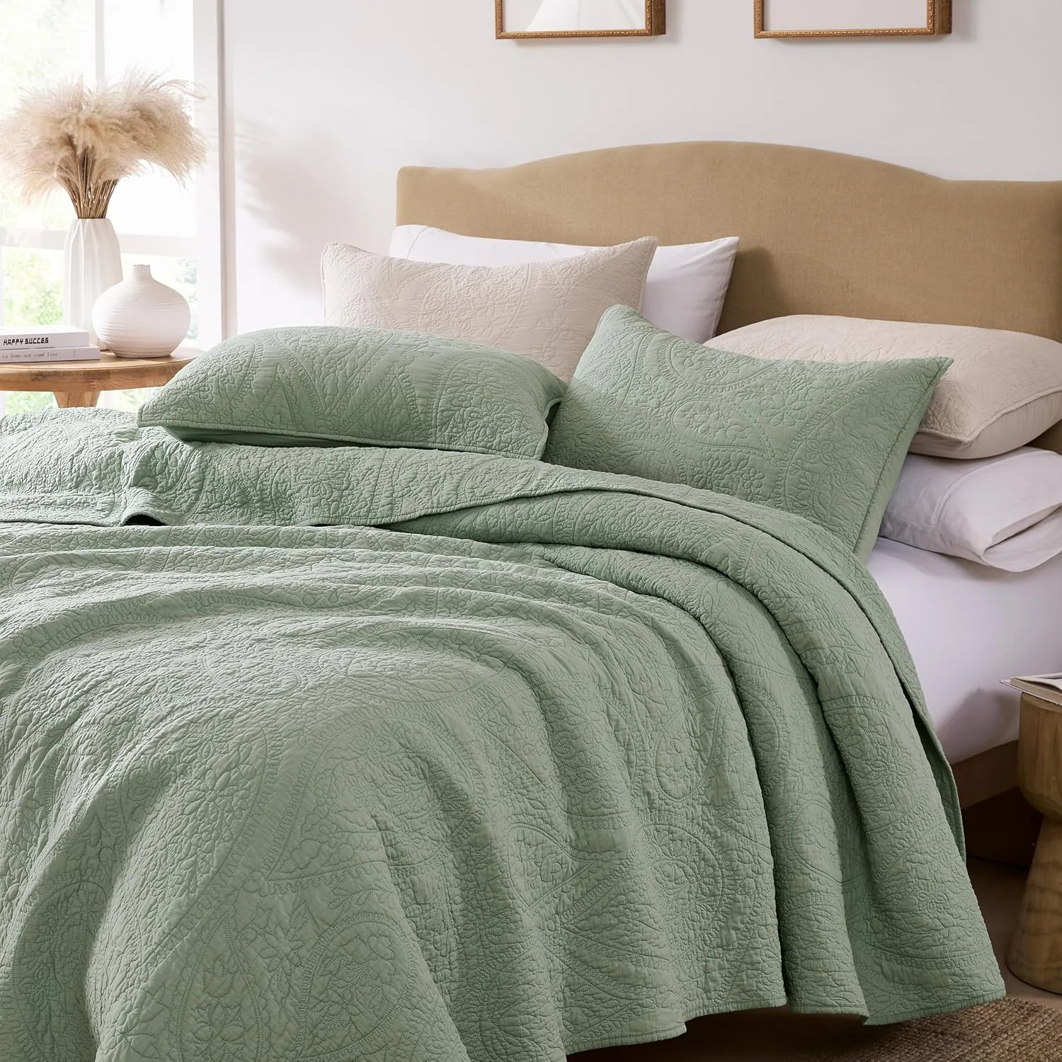 ست روتختی کالیفرنیا کینگ سایز پالاسیو با طرح بته جقه سبز مریم گلی، 100% پنبه، شامل لحاف و 2 روبالشی، طرح بوهو، مناسب خانه های روستایی، روتختی نرم و قدیمی، مناسب تمام فصول، 3 تکه