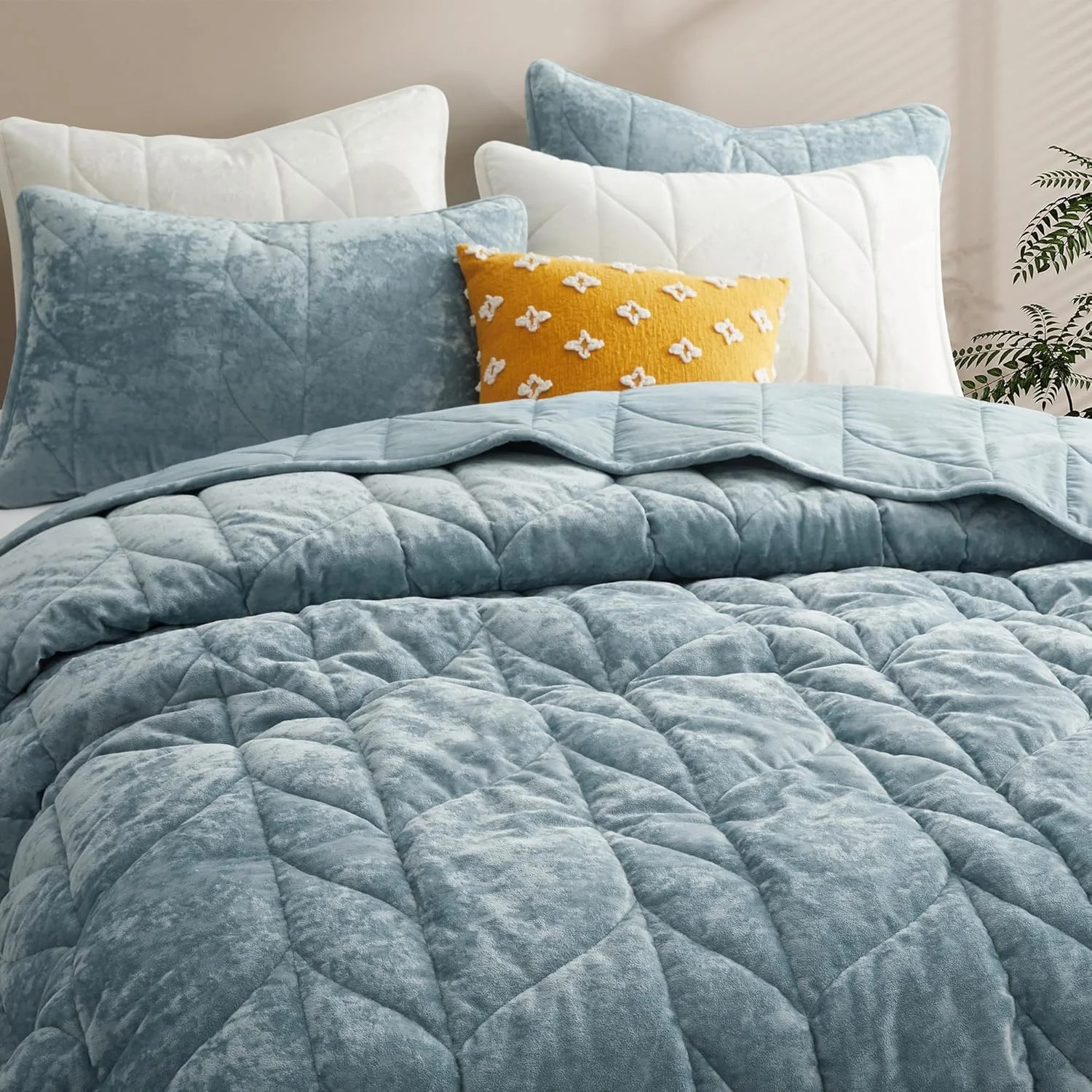 ست لحاف مخملی سایز کینگ Oli Anderson - رو تختی سبک - ست لحاف مخملی نرم - ست روتختی دو رو و لحافی برای تمام فصول - آبی خاکستری - 3 تکه (1 لحاف، 2 روبالشی)
