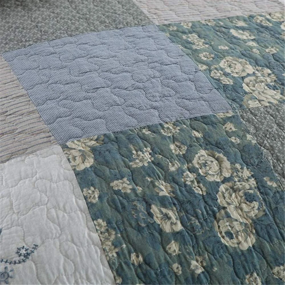 ست روتختی تکه دوزی شده به سبک نوردیک 3 تکه طرح گل آبی، ملحفه پنبه ای، روکش تخت خواب سایز کینگ