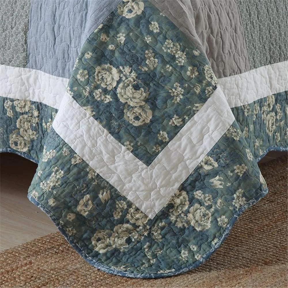ست روتختی تکه دوزی شده به سبک نوردیک 3 تکه طرح گل آبی، ملحفه پنبه ای، روکش تخت خواب سایز کینگ