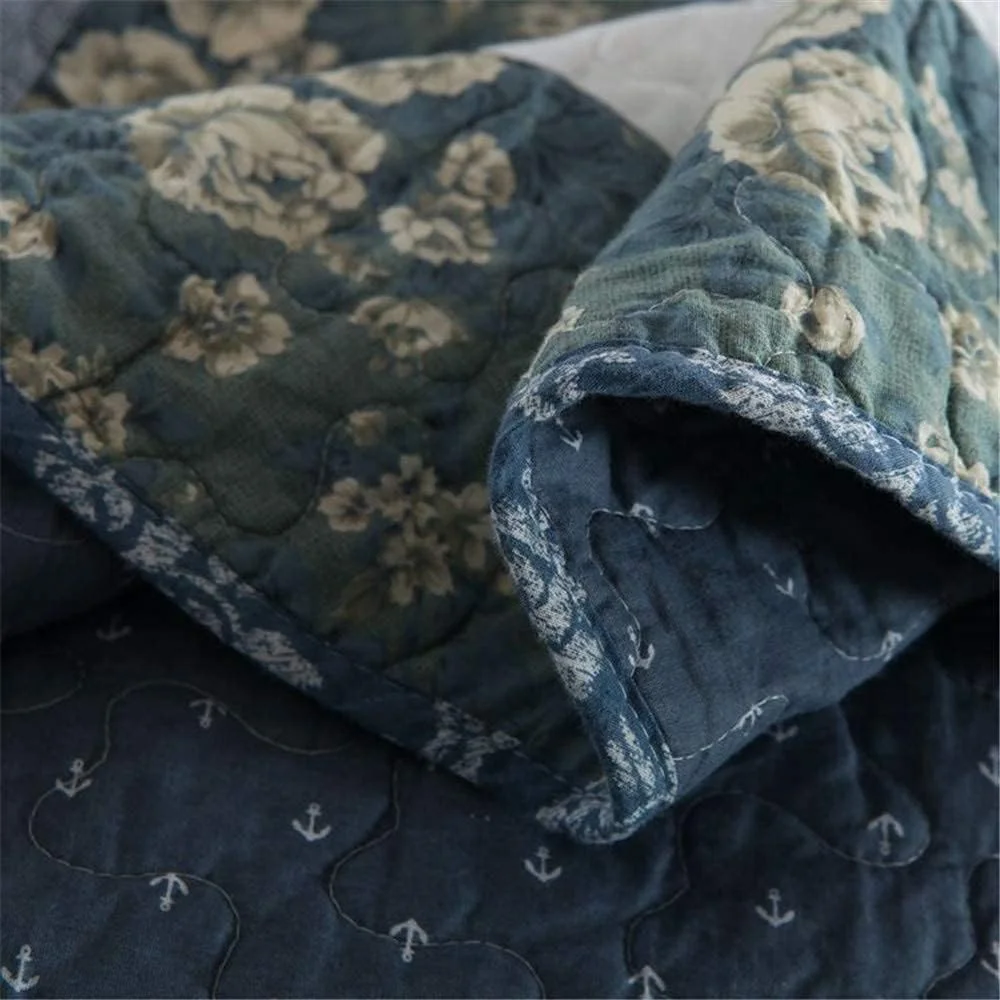 ست روتختی تکه دوزی شده به سبک نوردیک 3 تکه طرح گل آبی، ملحفه پنبه ای، روکش تخت خواب سایز کینگ