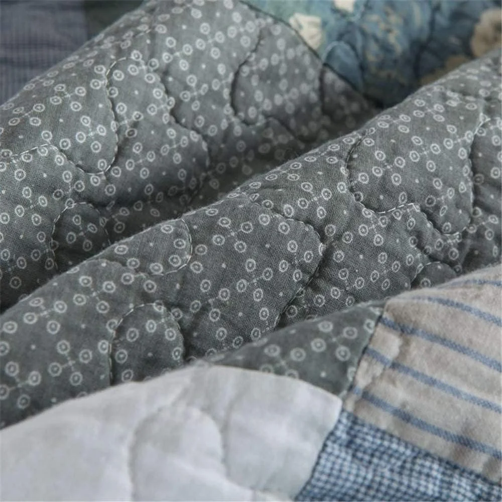 ست روتختی تکه دوزی شده به سبک نوردیک 3 تکه طرح گل آبی، ملحفه پنبه ای، روکش تخت خواب سایز کینگ