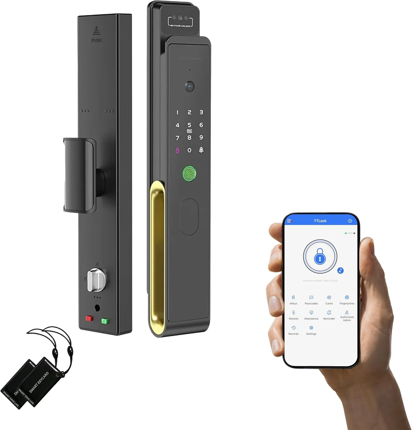 قفل هوشمند ممتاز Altix A7 PRO با قابلیت تشخیص چهره، اینترکام تصویری، ویدیوی زنده، اثر انگشت، رمز عبور و کارت IC، قفل درب ورودی بدون کلید پیشرفته با برنامه TT LOCK، ساخته شده از آلیاژ روی ممتاز (مشکی مات)