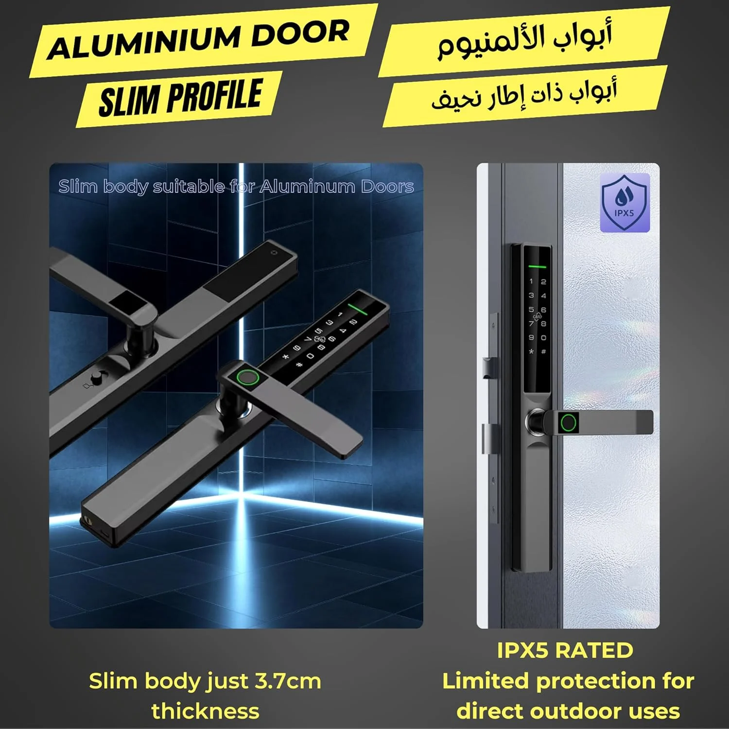 قفل درب اثر انگشتی هوشمند Altix LX، پروفیل باریک آلومینیومی، ورود بدون کلید، صفحه کلید اثر انگشتی بلوتوث و باز کردن قفل با کارت، مناسب برای درب های نیمه بیرونی، دستگیره بلند (NEW-LX-IPX5، مشکی مات)