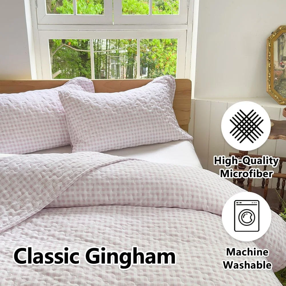 ست لحاف کینگ پینک گینگهام NSNLGSGC، روتختی کینگ پینک پلاد میکروفیبر نرم و از قبل شسته شده، لحاف تابستانی سبک وزن طرح دار، رو تختی شبکه ای برای تمام فصول