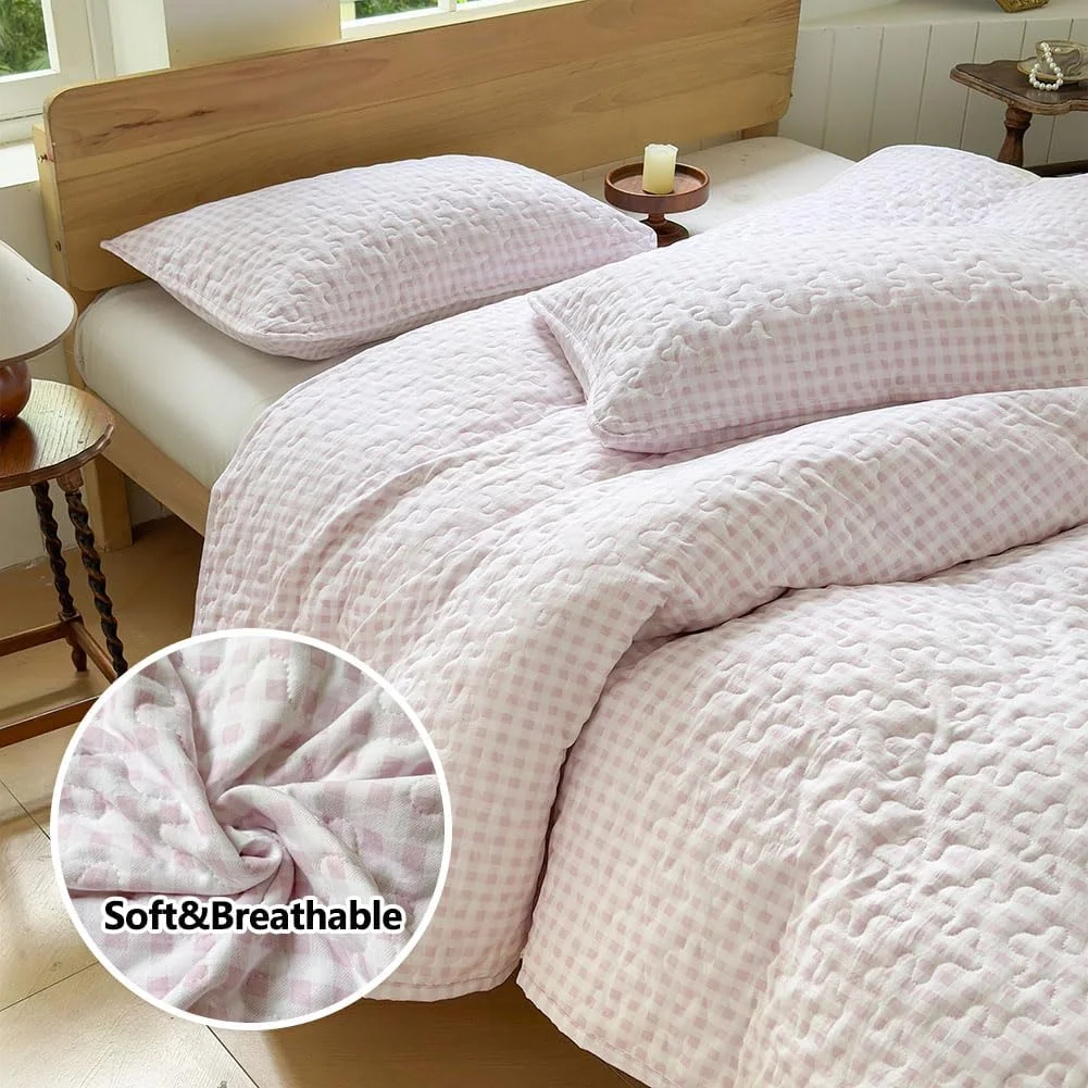 ست لحاف کینگ پینک گینگهام NSNLGSGC، روتختی کینگ پینک پلاد میکروفیبر نرم و از قبل شسته شده، لحاف تابستانی سبک وزن طرح دار، رو تختی شبکه ای برای تمام فصول