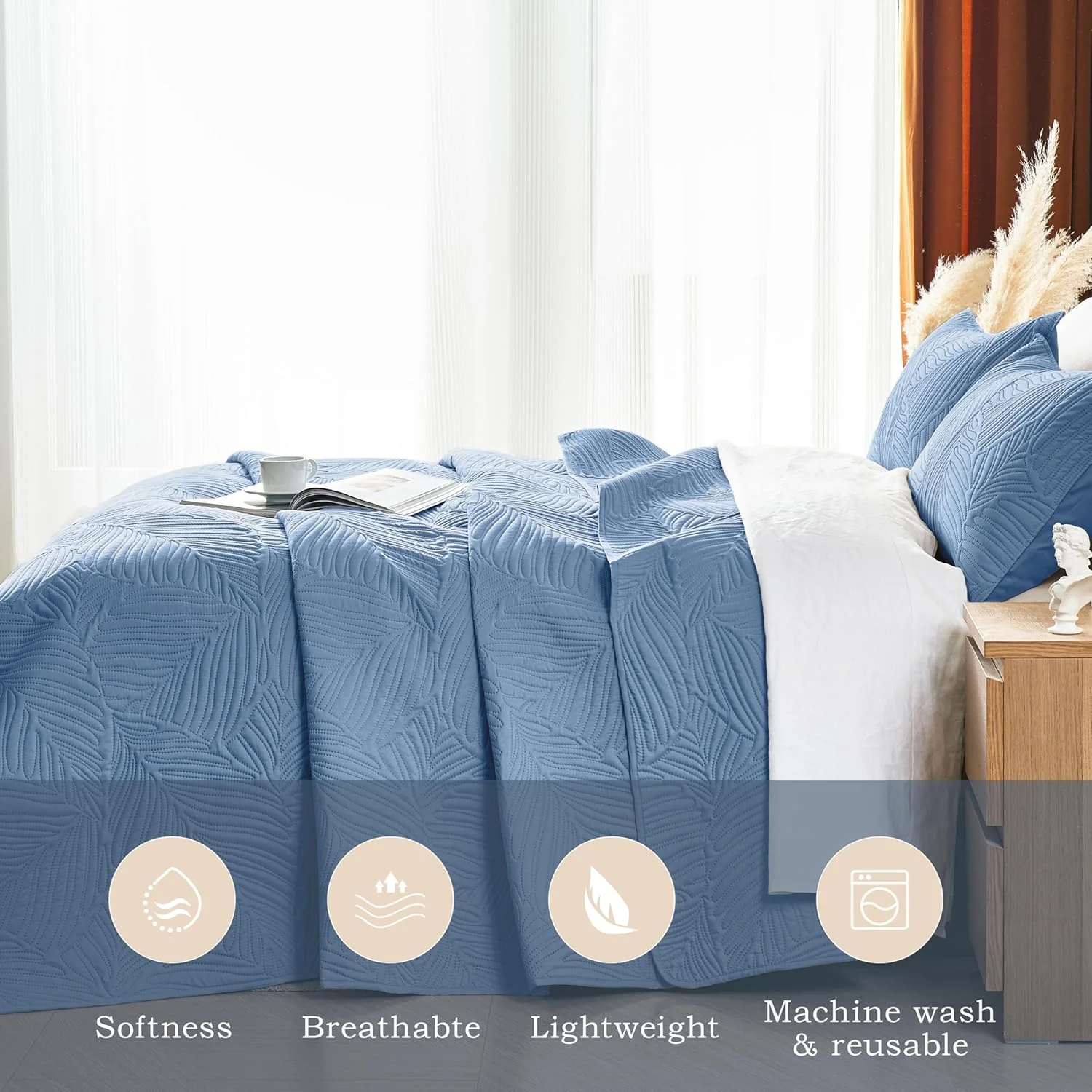 ست روتختی لحاف دار دونفره OARAGE، نرم و سبک، خاکستری مایل به آبی با طرح برگ، رو تختی میکروفایبر اولتراسونیک سایز کامل برای تمام فصول (1 لحاف، 2 روبالشی)