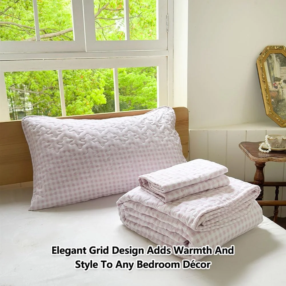 ست لحاف کینگ پینک گینگهام NSNLGSGC، روتختی کینگ پینک پلاد میکروفیبر نرم و از قبل شسته شده، لحاف تابستانی سبک وزن طرح دار، رو تختی شبکه ای برای تمام فصول