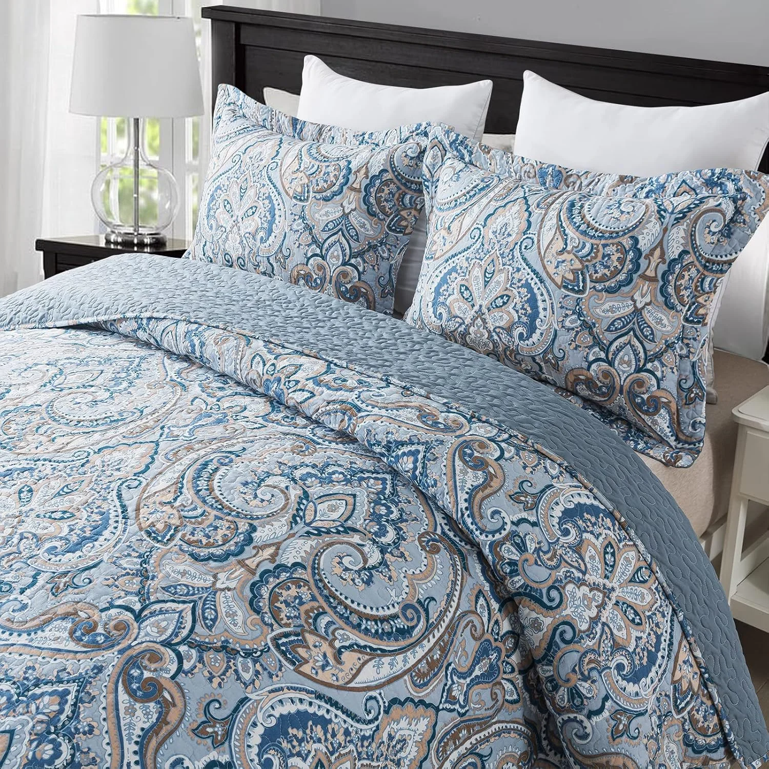 ست روتختی لحاف دار پنبه ای نیولیک - ست رو تختی تکه دوزی شده دو رو، طرح گلدار خاکستری اروپایی، سایز کینگ