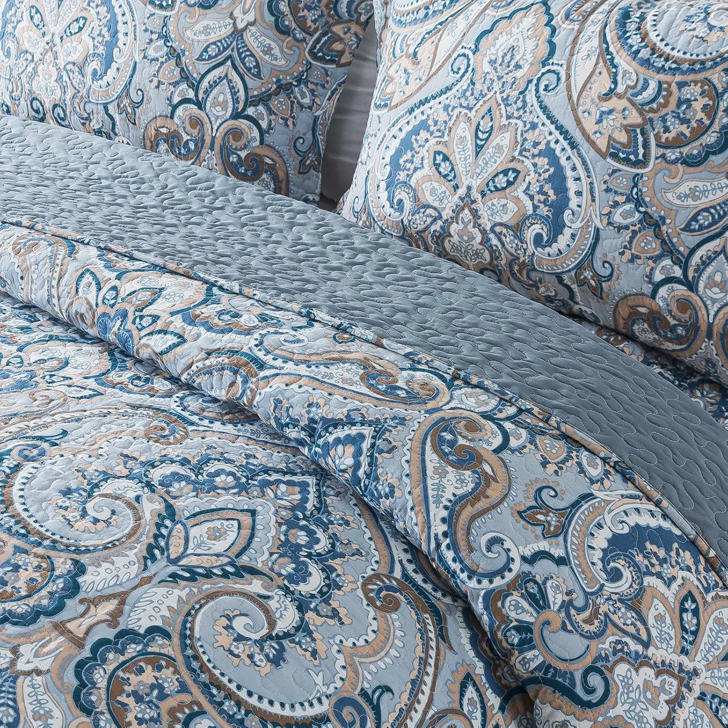 ست روتختی لحاف دار پنبه ای نیولیک - ست رو تختی تکه دوزی شده دو رو، طرح گلدار خاکستری اروپایی، سایز کینگ