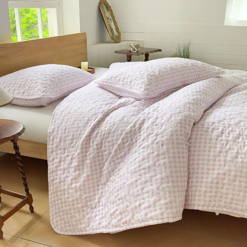 ست لحاف کینگ پینک گینگهام NSNLGSGC، روتختی کینگ پینک پلاد میکروفیبر نرم و از قبل شسته شده، لحاف تابستانی سبک وزن طرح دار، رو تختی شبکه ای برای تمام فصول