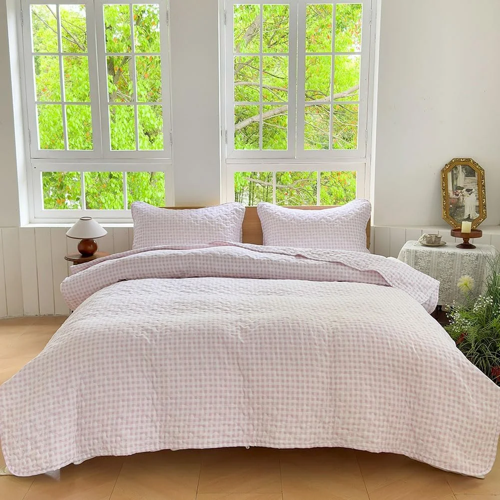 ست لحاف کینگ پینک گینگهام NSNLGSGC، روتختی کینگ پینک پلاد میکروفیبر نرم و از قبل شسته شده، لحاف تابستانی سبک وزن طرح دار، رو تختی شبکه ای برای تمام فصول