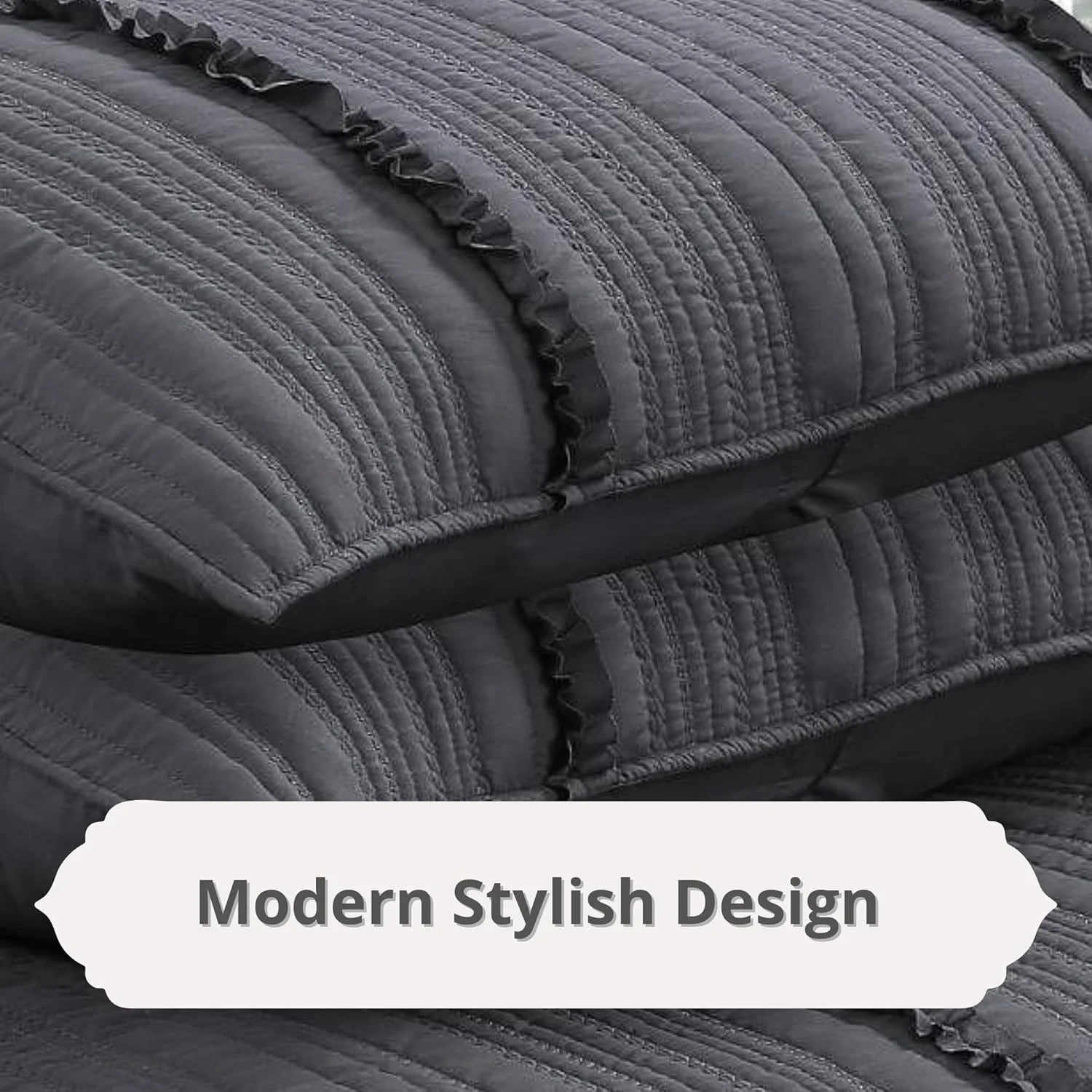 روتختی ام اس هوم تکس مدل Ival، رو انداز تخت، روبالشتی ساده و برجسته، سایز: 150/220 + 1 عدد 50/70، جنس: 100% پنبه، رنگ: IVAL خاکستری تیره