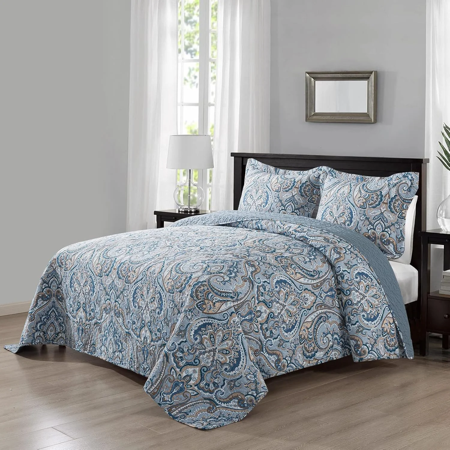 ست روتختی لحاف دار پنبه ای نیولیک - ست رو تختی تکه دوزی شده دو رو، طرح گلدار خاکستری اروپایی، سایز کینگ