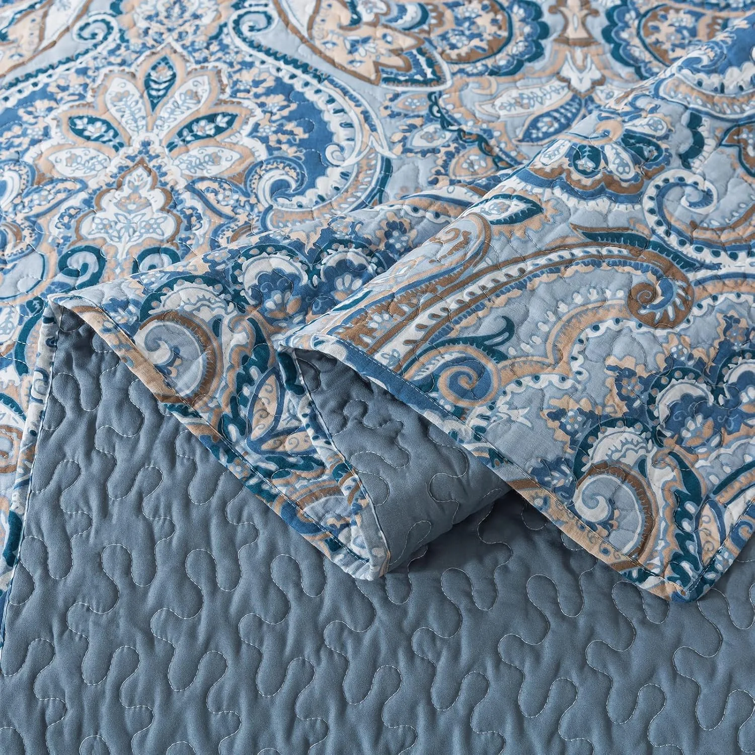 ست روتختی لحاف دار پنبه ای نیولیک - ست رو تختی تکه دوزی شده دو رو، طرح گلدار خاکستری اروپایی، سایز کینگ